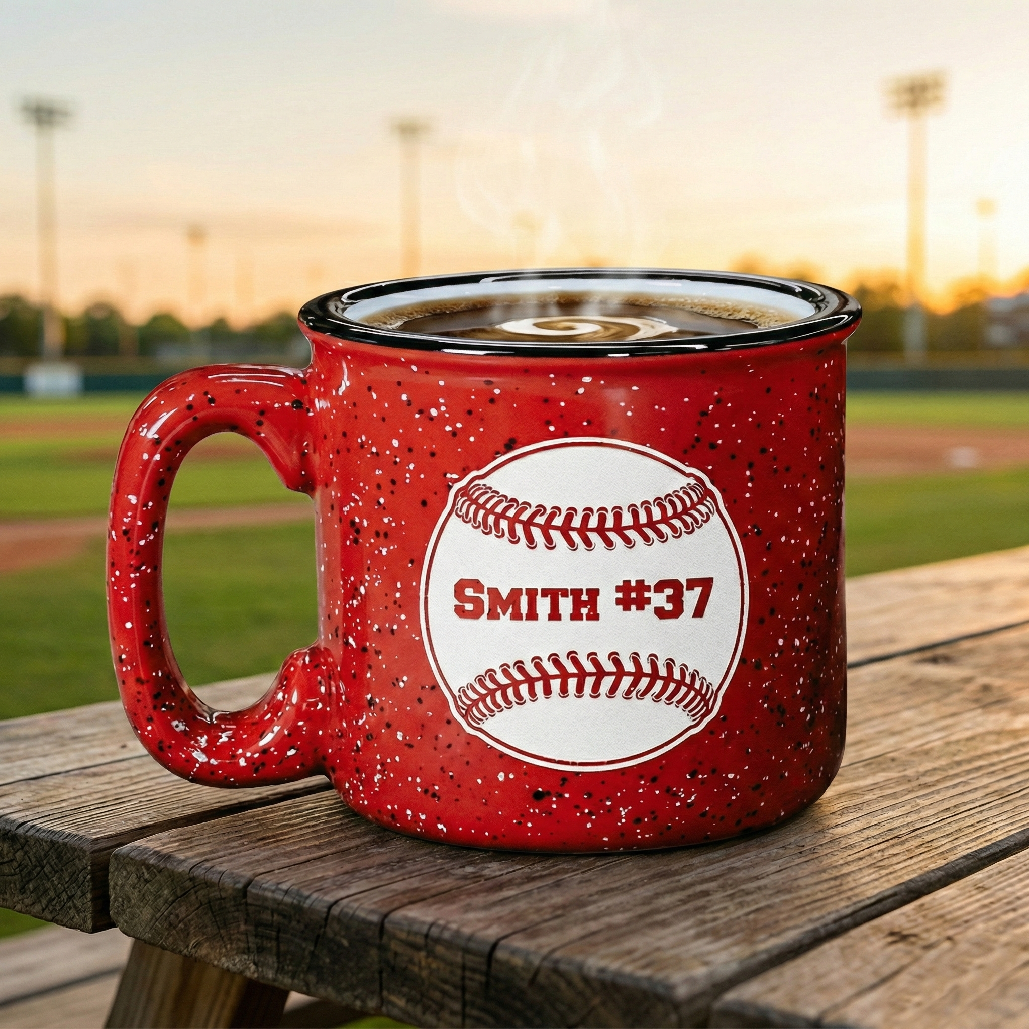 Red speckled coffee mug with a custom baseball design and 'Smith #37' text on a wooden table with a baseball field background.