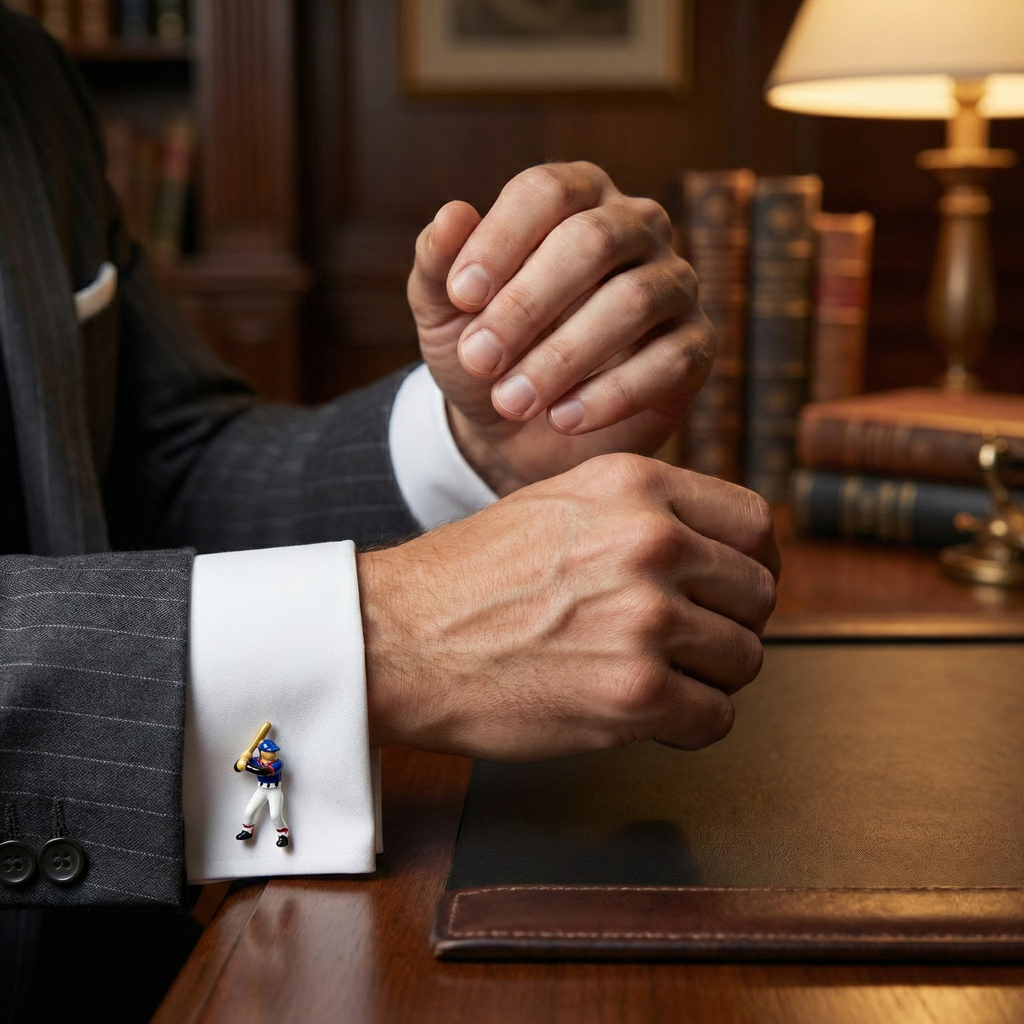 Baseball Player Cufflinks on a guy in a suit at his desk in a nice office.