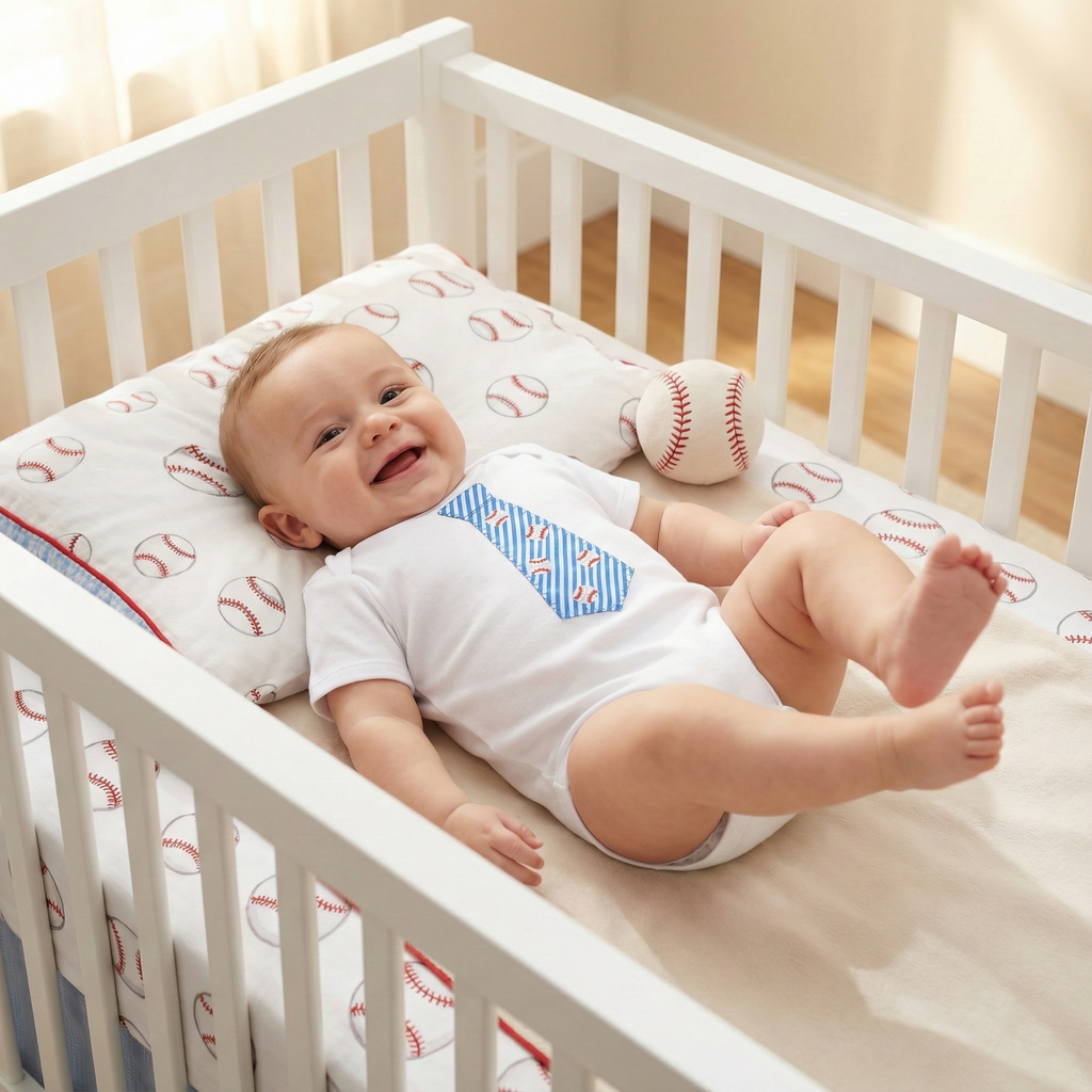 Baby lying in a crib with a baseball tie crawler onesie outfit inside a crib with baseball designs. 