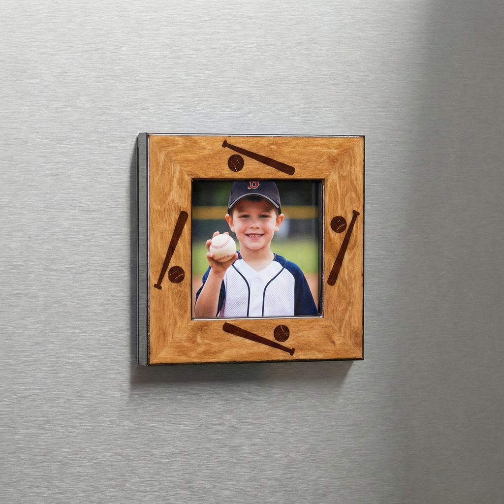 Wooden photo frame magnet with baseball design on a metallic surface