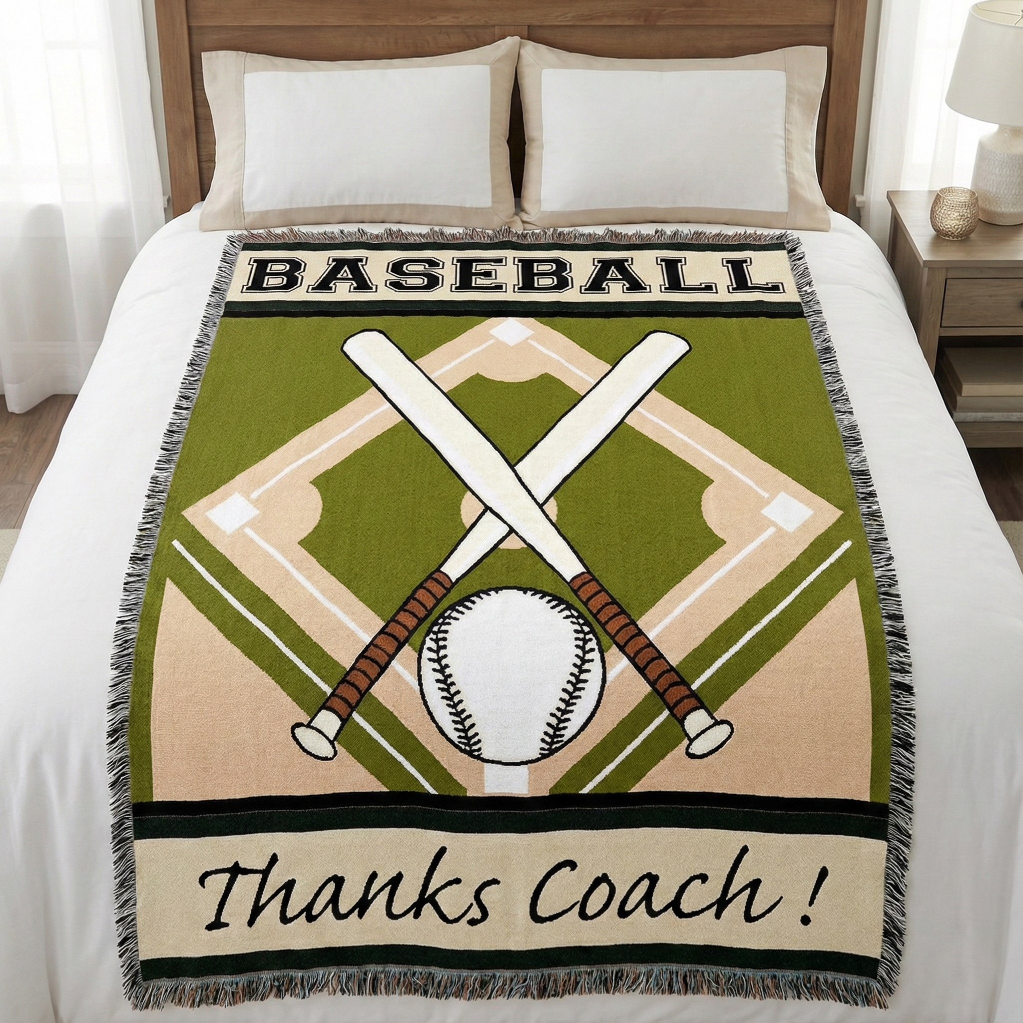 Baseball-themed tapestry throw blanket with crossed bats, ball, and 'Thanks Coach!' text on a bed.