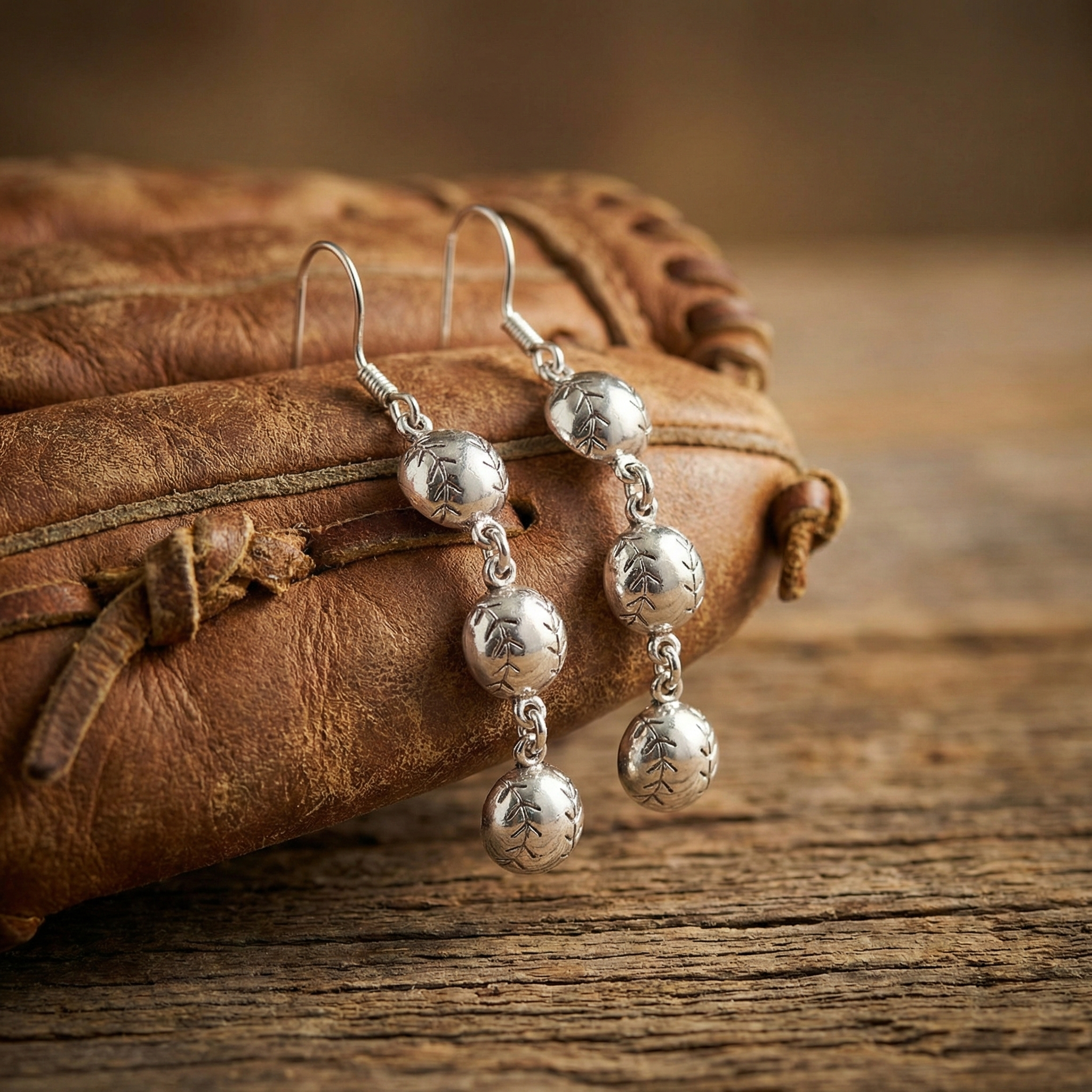 Sterling silver baseball earrings on a leather surface with a wooden background