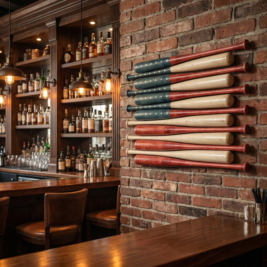 Bar setting with vintage wooden bat American flag arranged on a brick wall