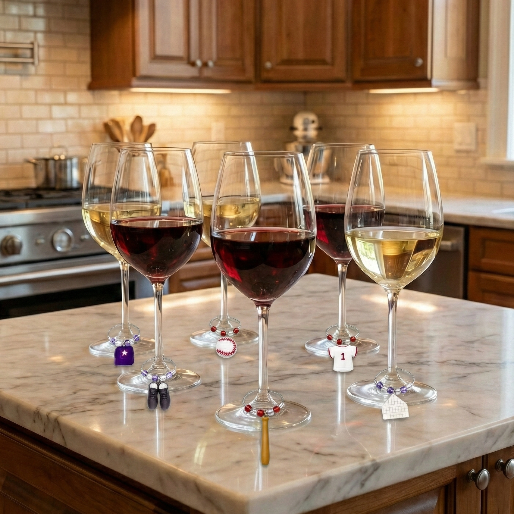 Set of wine glasses with different colored liquids on a kitchen counter