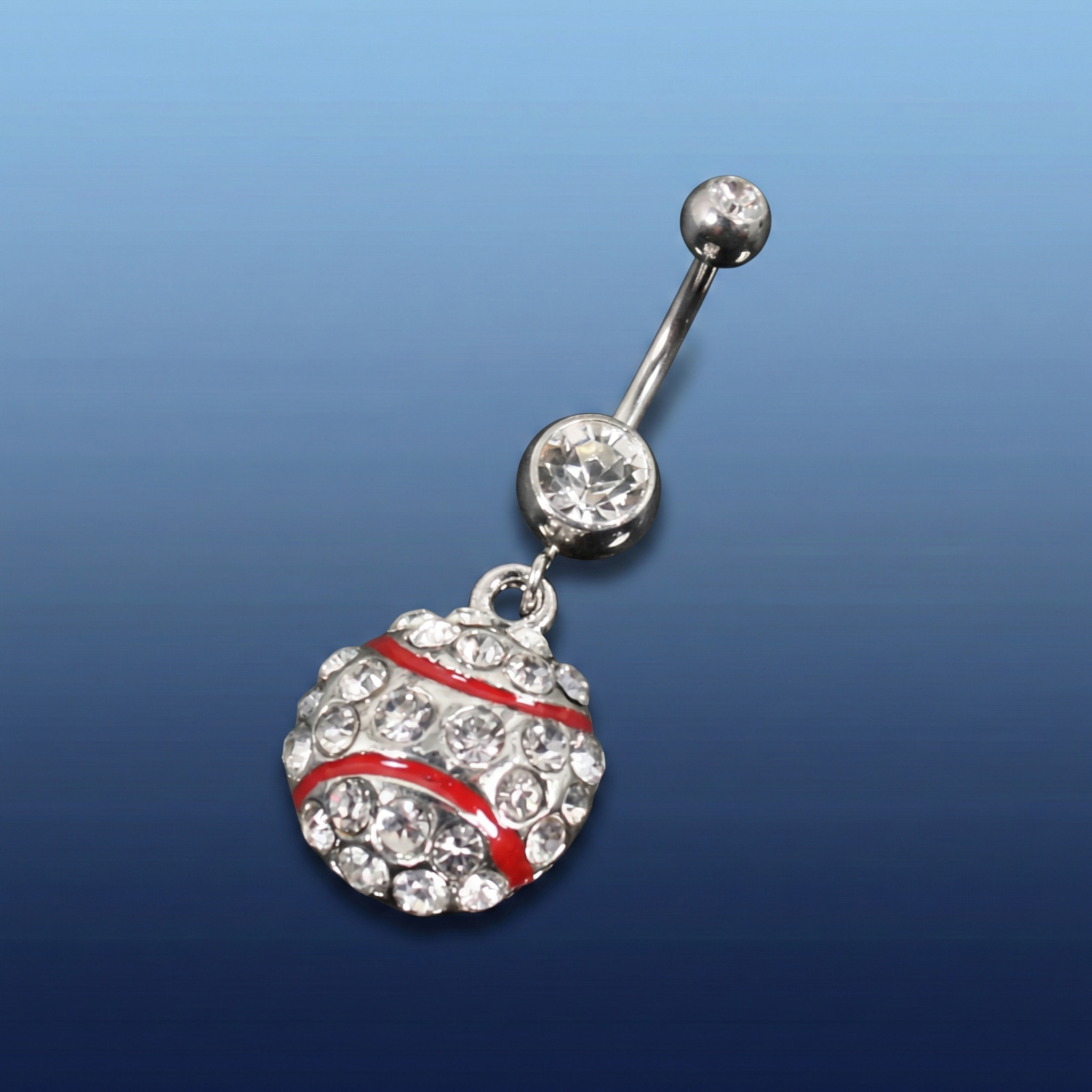 Belly button ring with a baseball design on a blue gradient background