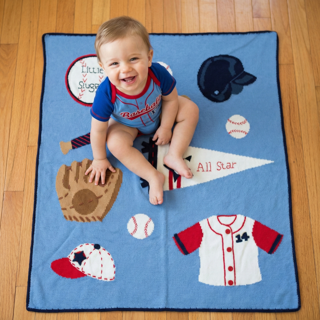Little Slugger Baseball Appliqué Baby Blanket with a baby boy