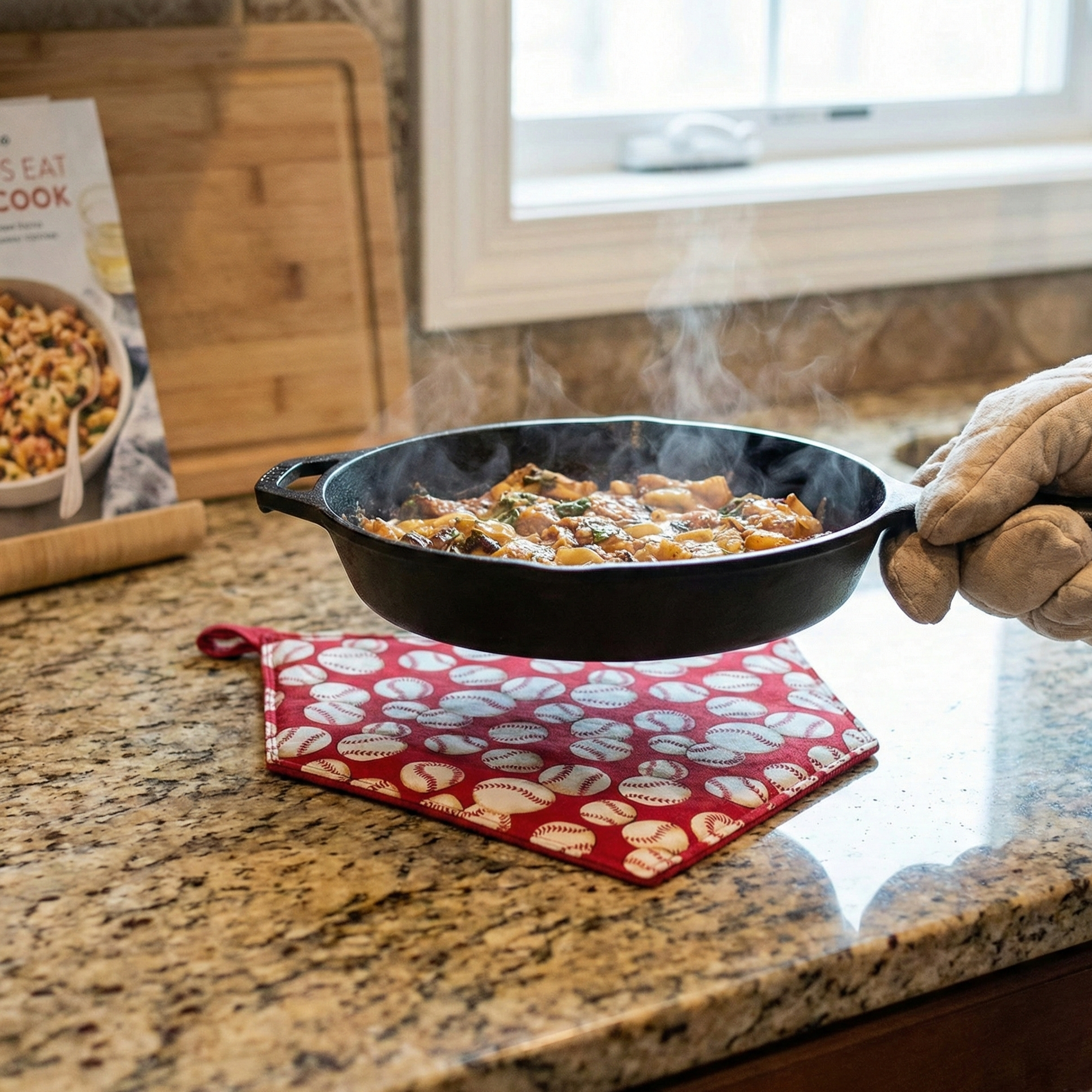 Person holding a hot pan with food over a red home plate shaped baseball pot holder on a kitchen counter