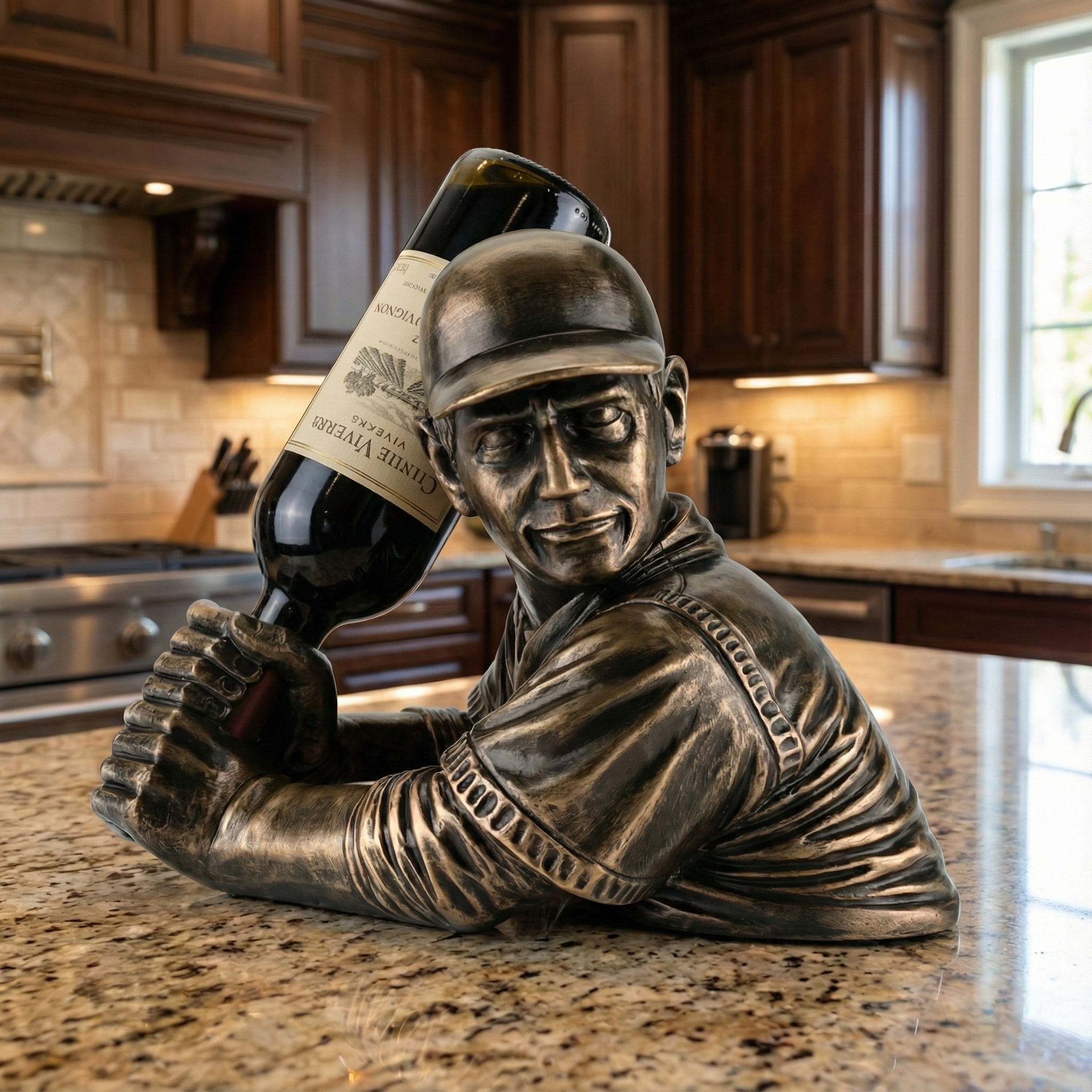 Bronze baseball Batter Bottle Holder holding a bottle of wine in a kitchen setting