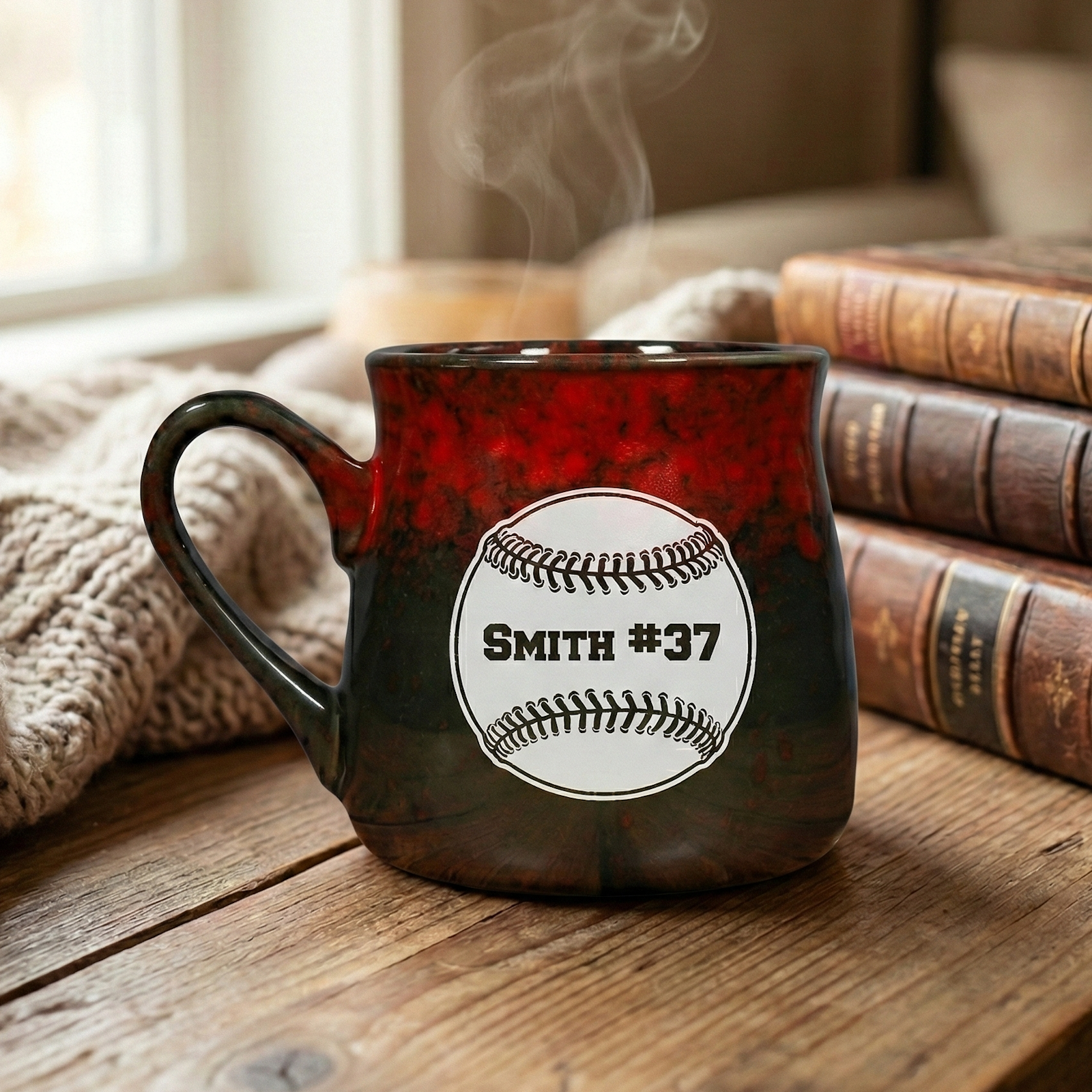 Ceramic Paris tavern coffee mug with personalized baseball design on a wooden surface with books and a blanket in the background.