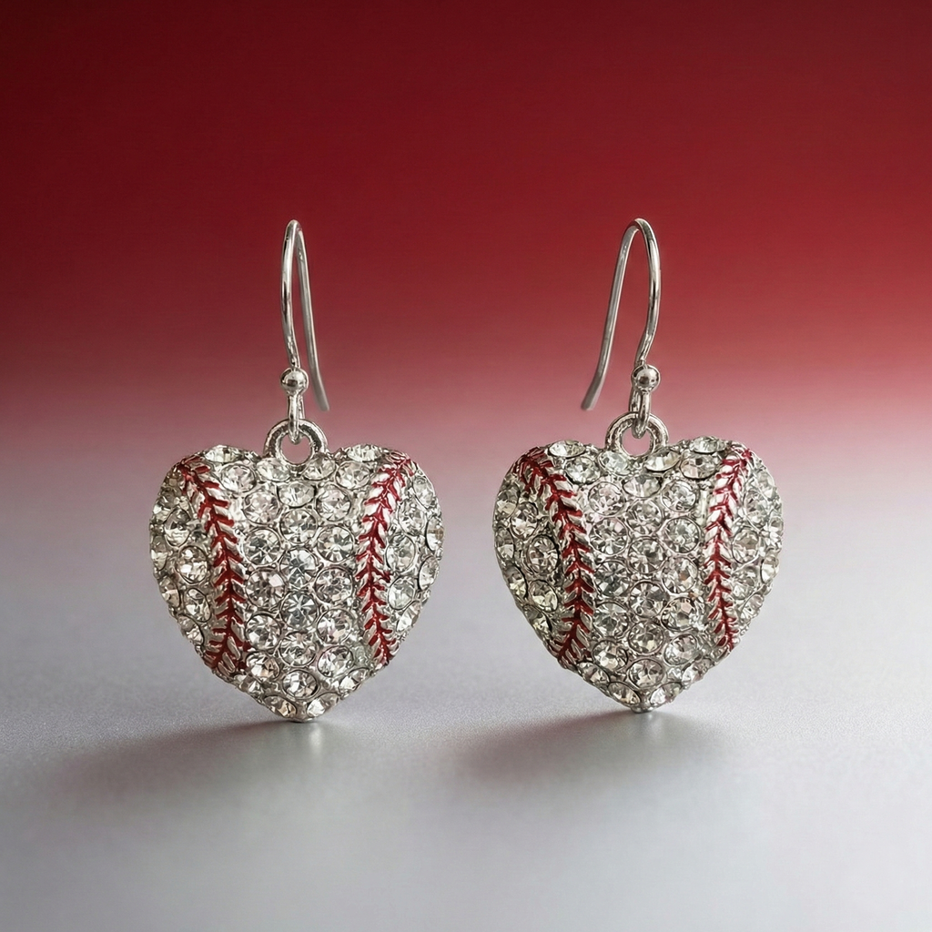 Heart-shaped crystal earrings with baseball design on a gradient background