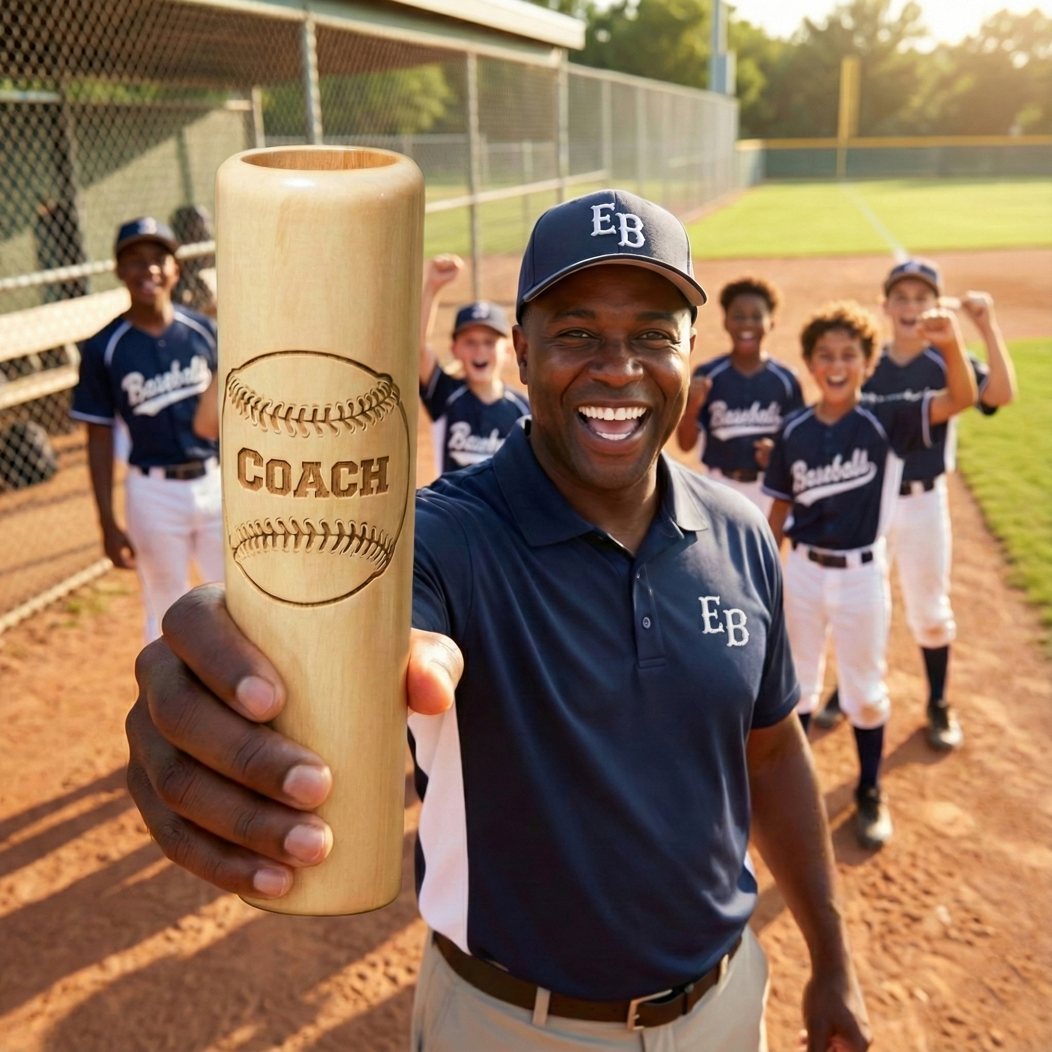 Coach holding a personalized wooden baseball bat barrel mug with COACH engraved, surrounded by young baseball players on a field.