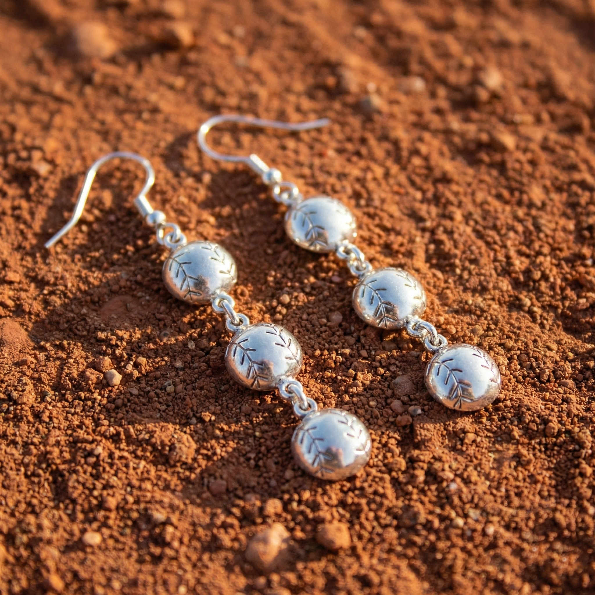 Sterling silver baseball drop earrings with round pendants on a brown sandy background