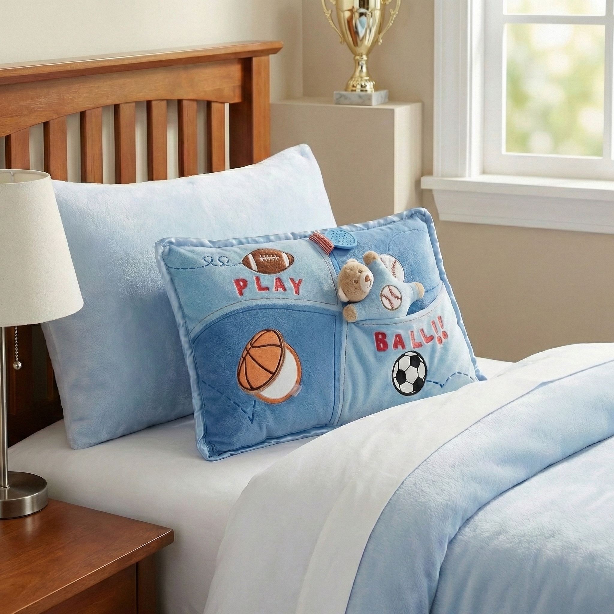 Play Ball Fluff and Play Sports Pillow in a kids bedroom.