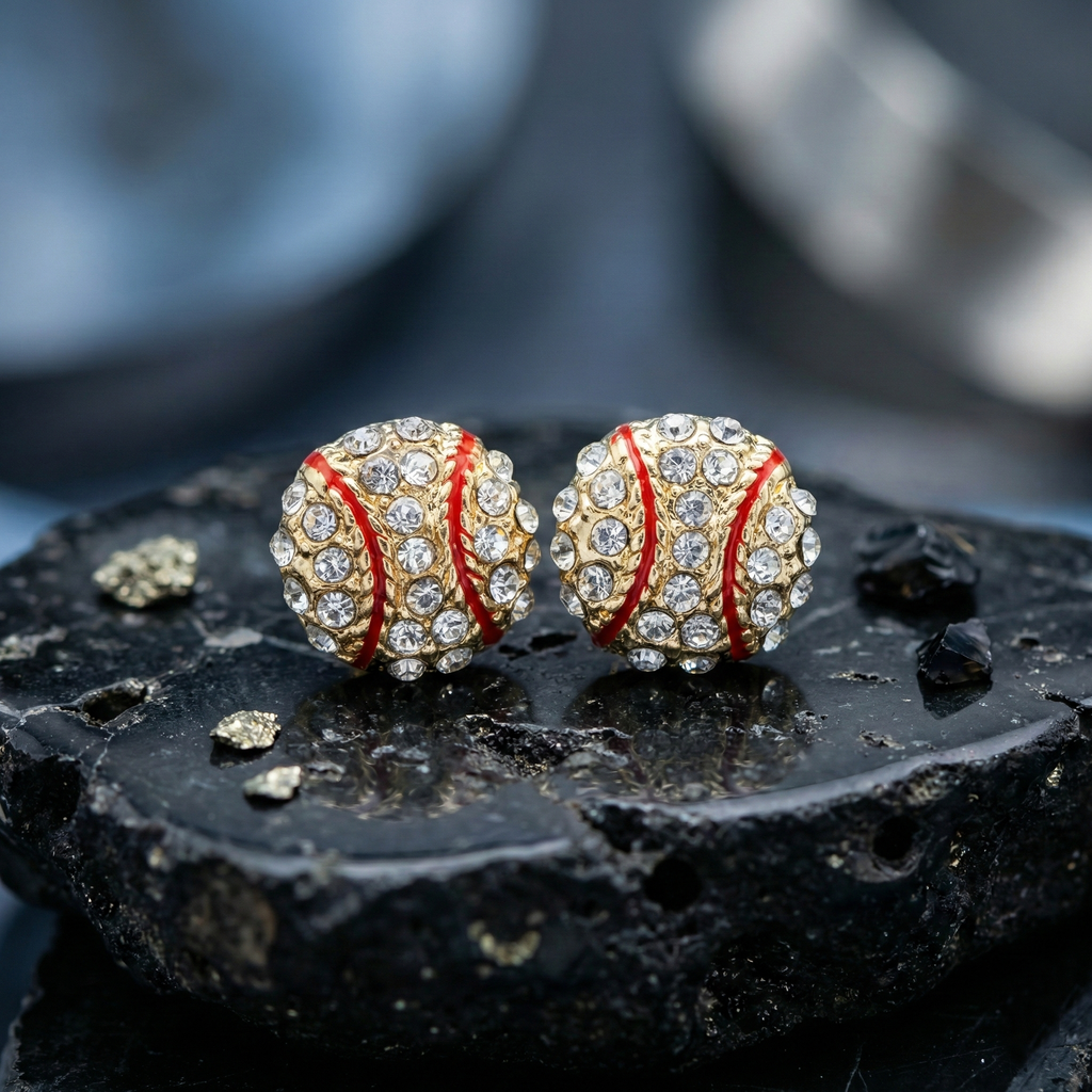 Decorative earrings resembling baseballs with gemstones on a dark stone surface