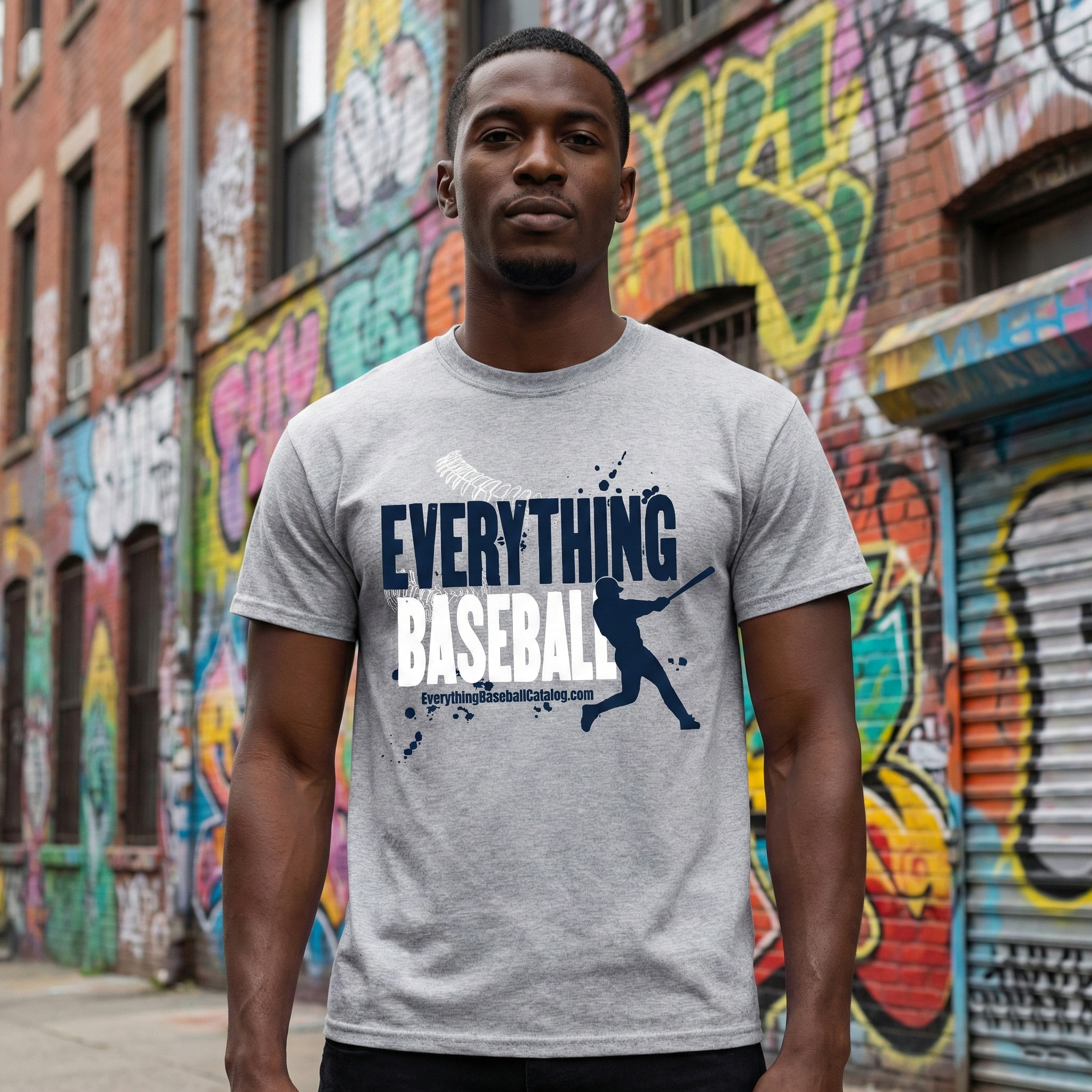 Man wearing a 'Everything Baseball' t-shirt in front of a graffiti-covered wall.