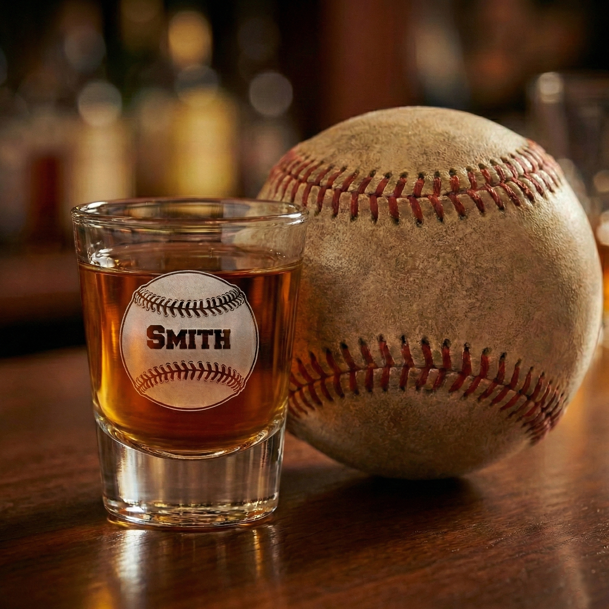 Custom engraved baseball shot glass with whiskey next to a baseball on a wooden surface.