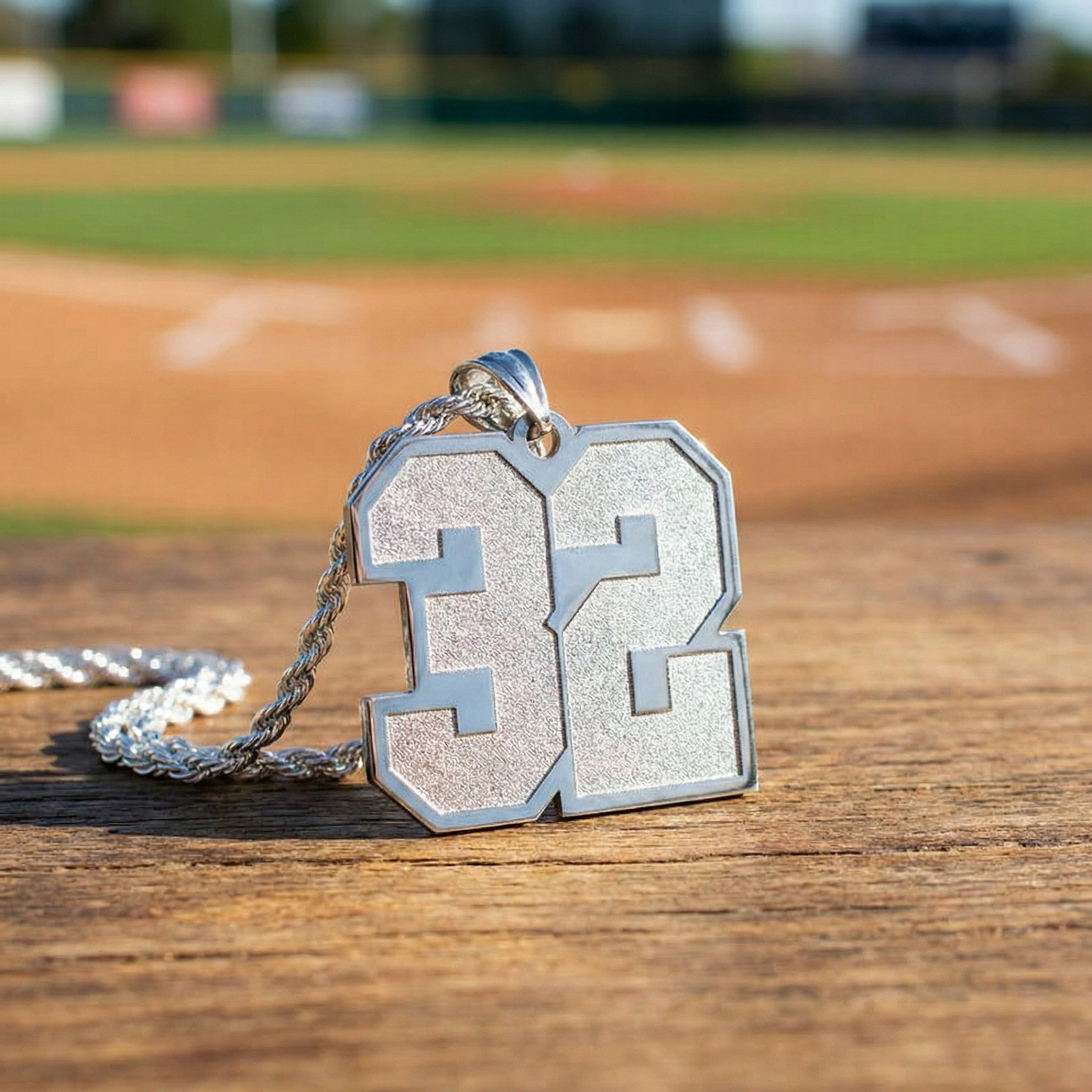 Silver sports number 32 pendant on a rope chain against a baseball field background