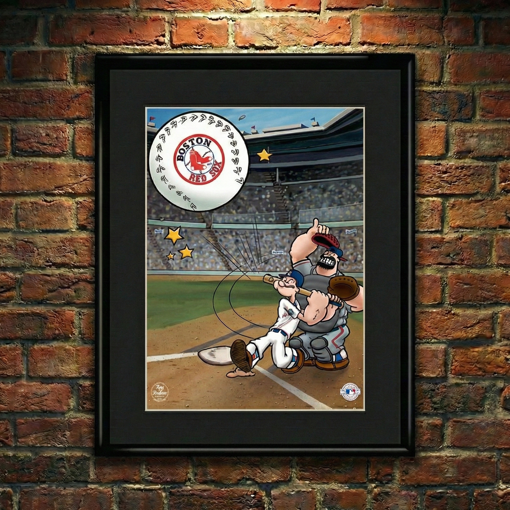 Popeye MLB Team Framed Lithograph with a Boston Red Sox baseball logo on a brick wall.