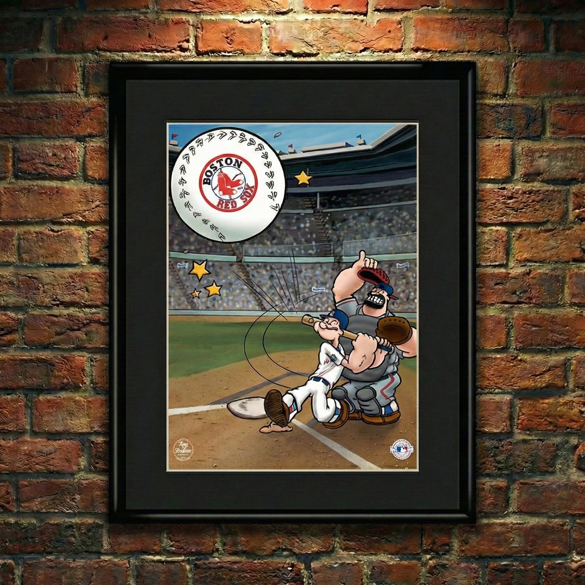Popeye MLB Team Framed Lithograph with a Boston Red Sox baseball logo on a brick wall.