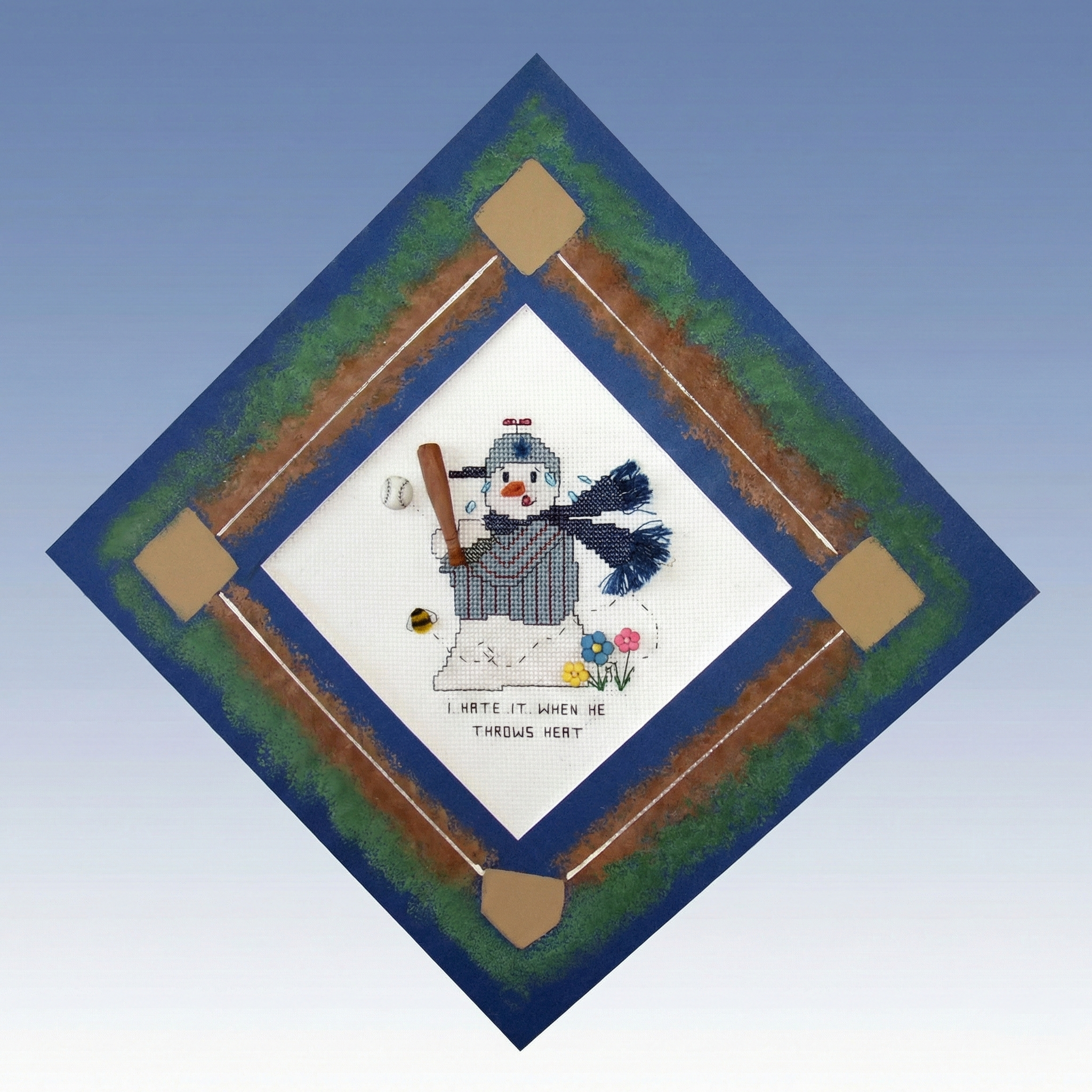 Baseball needlepoint embroidered pattern design of a snowman playing baseball with text on a blue and white background