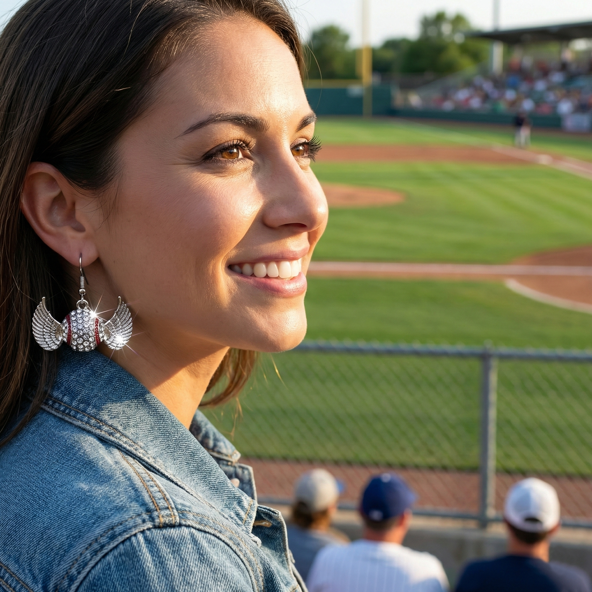 Woman with a denim jacket and unique earrings standing on a baseball field with spectators in the background.