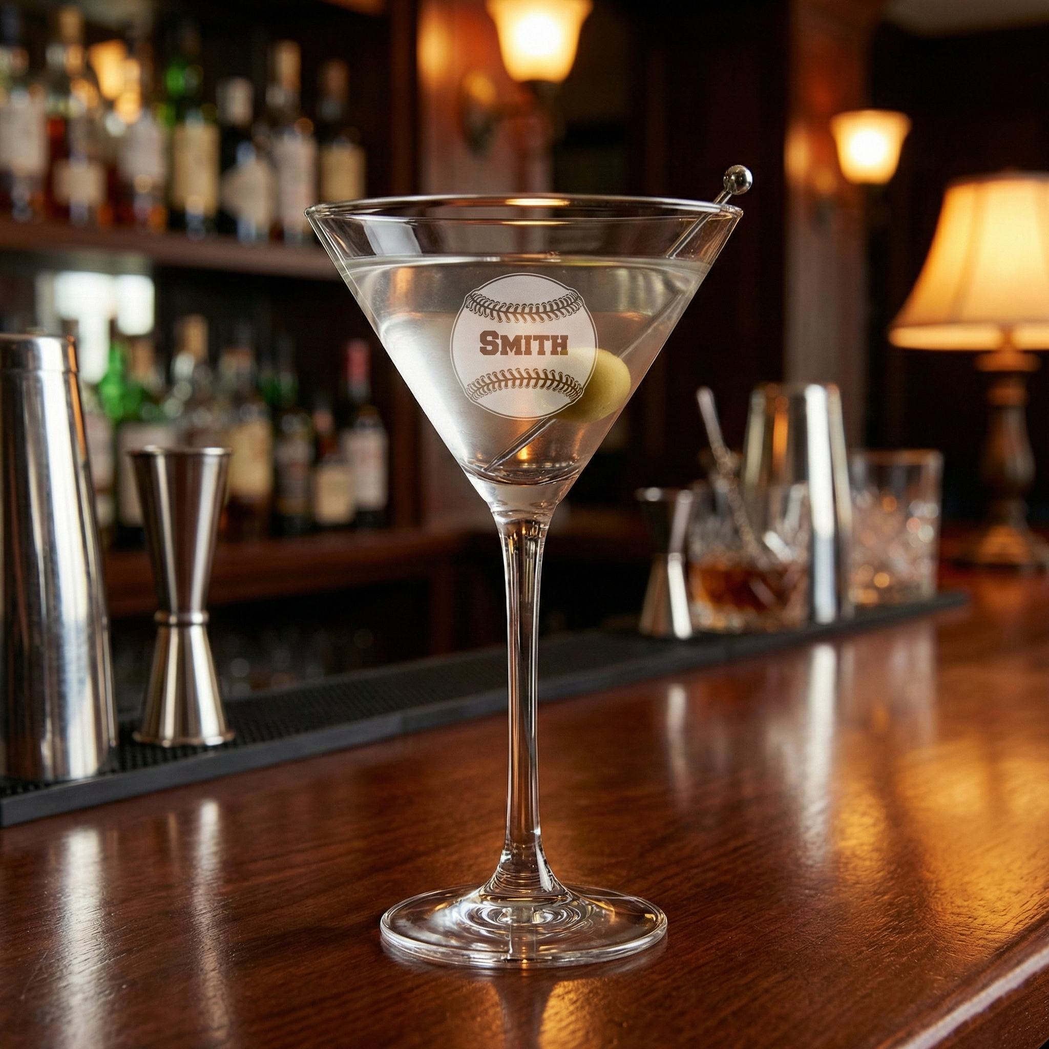 Engraved custom baseball martini glass with a baseball-themed olive on a bar counter