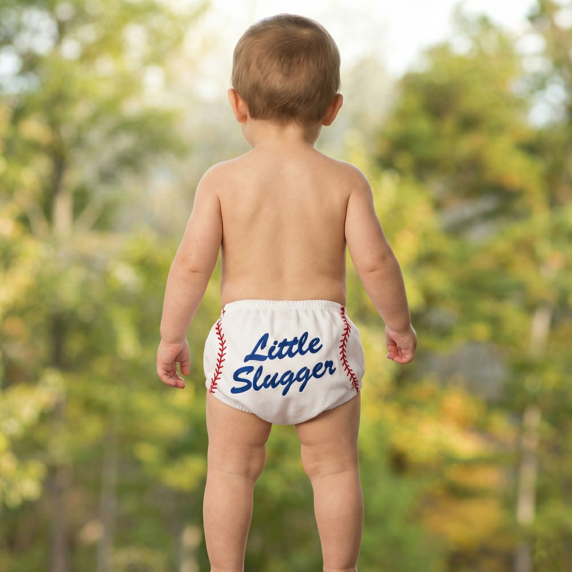 Child wearing a 'Little Slugger' baseball diaper cover in a natural setting