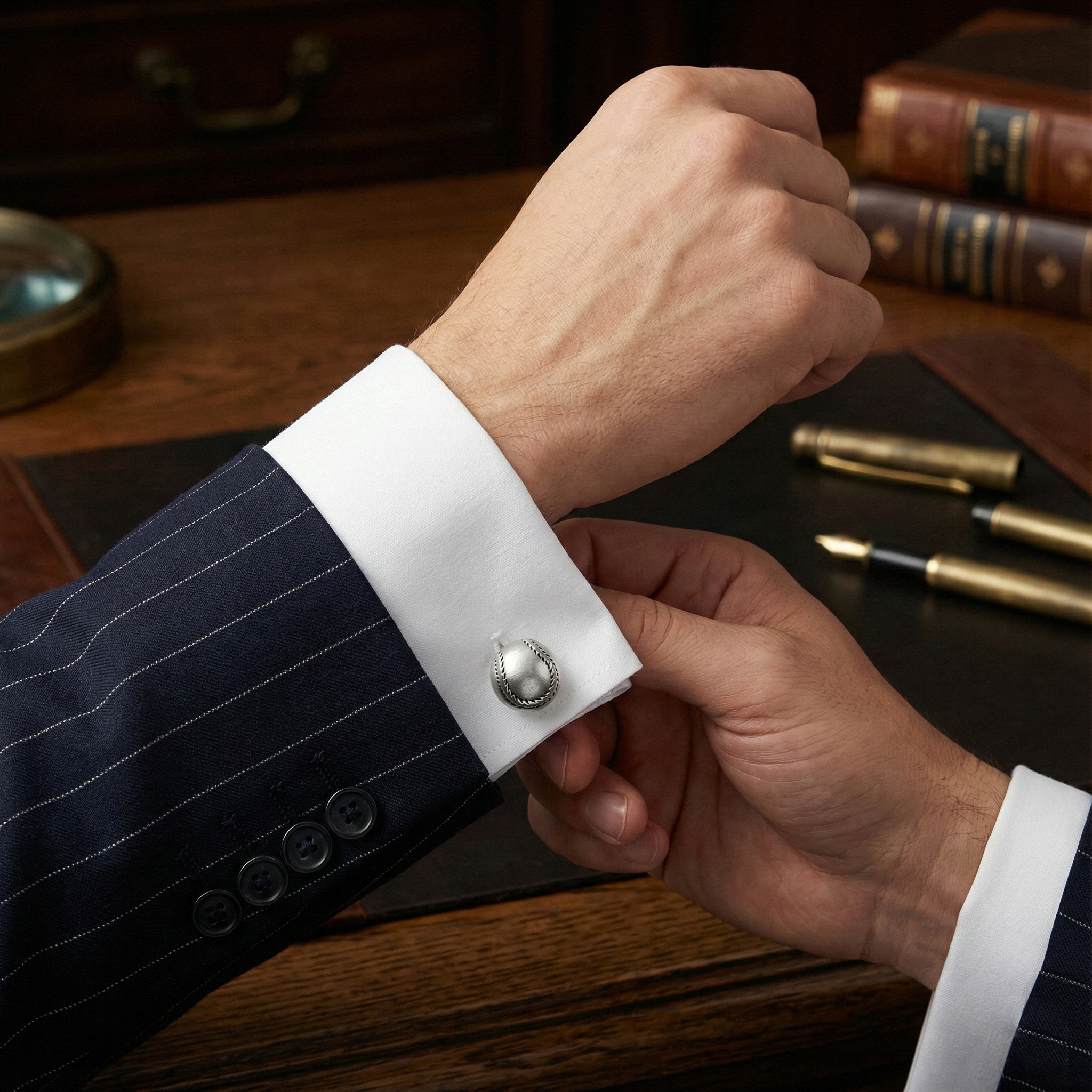Person adjusting a baseball cufflink on a suit sleeve with a desk and books in the background