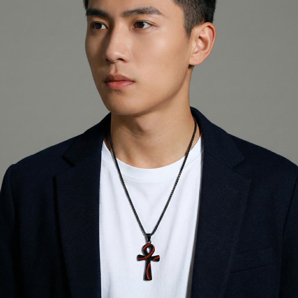 Man with baseball cross necklace wearing a dark blazer over a white shirt with a necklace featuring an ankh pendant.