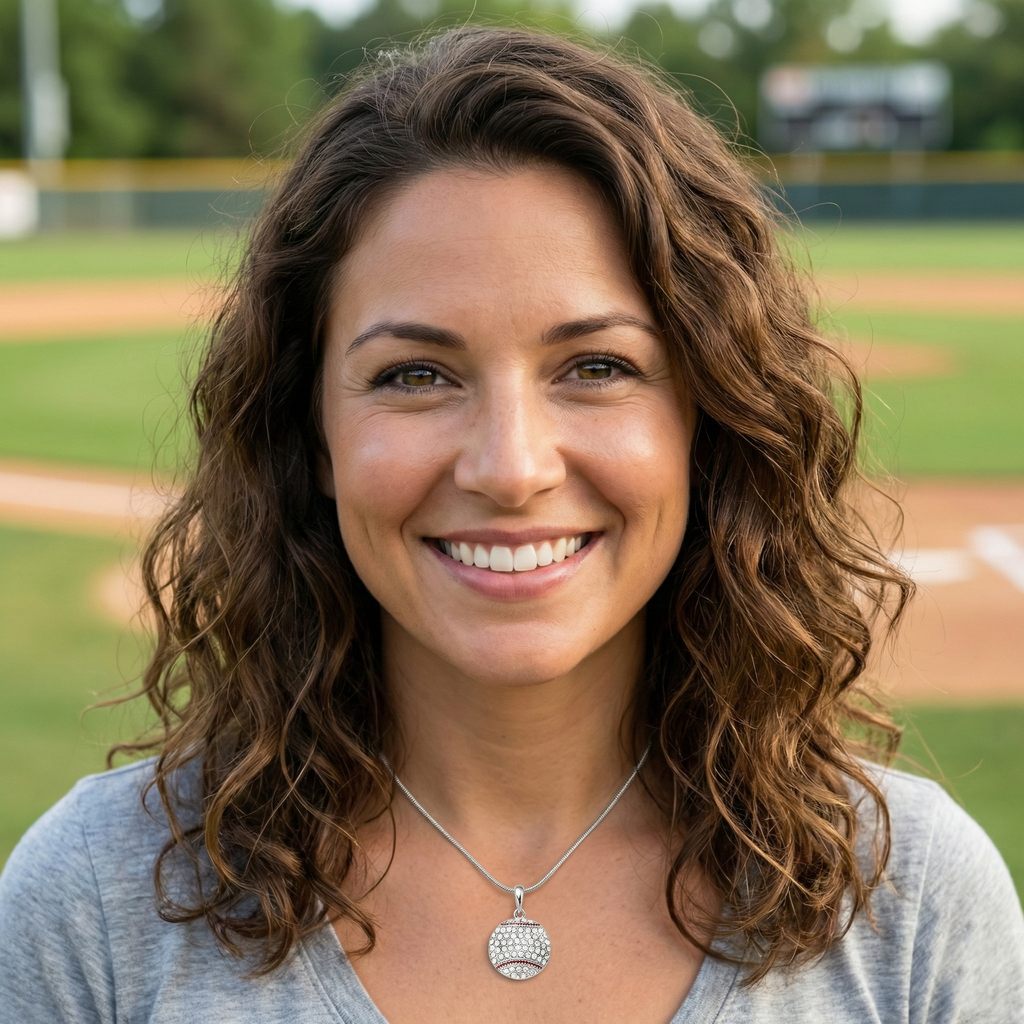 Woman smiling with a silver baseball necklace on a baseball field background