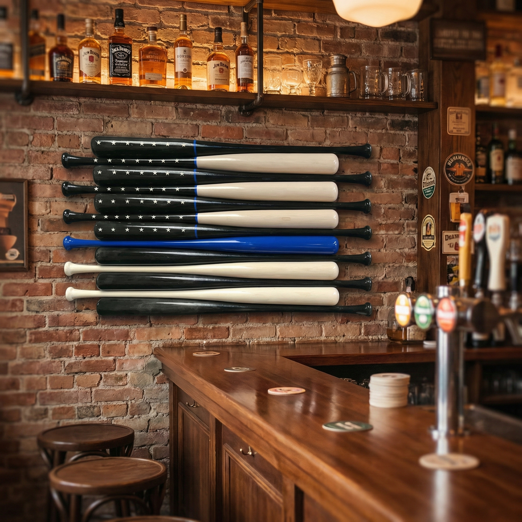 Bar setting with police American flag made of baseball bats against a brick wall