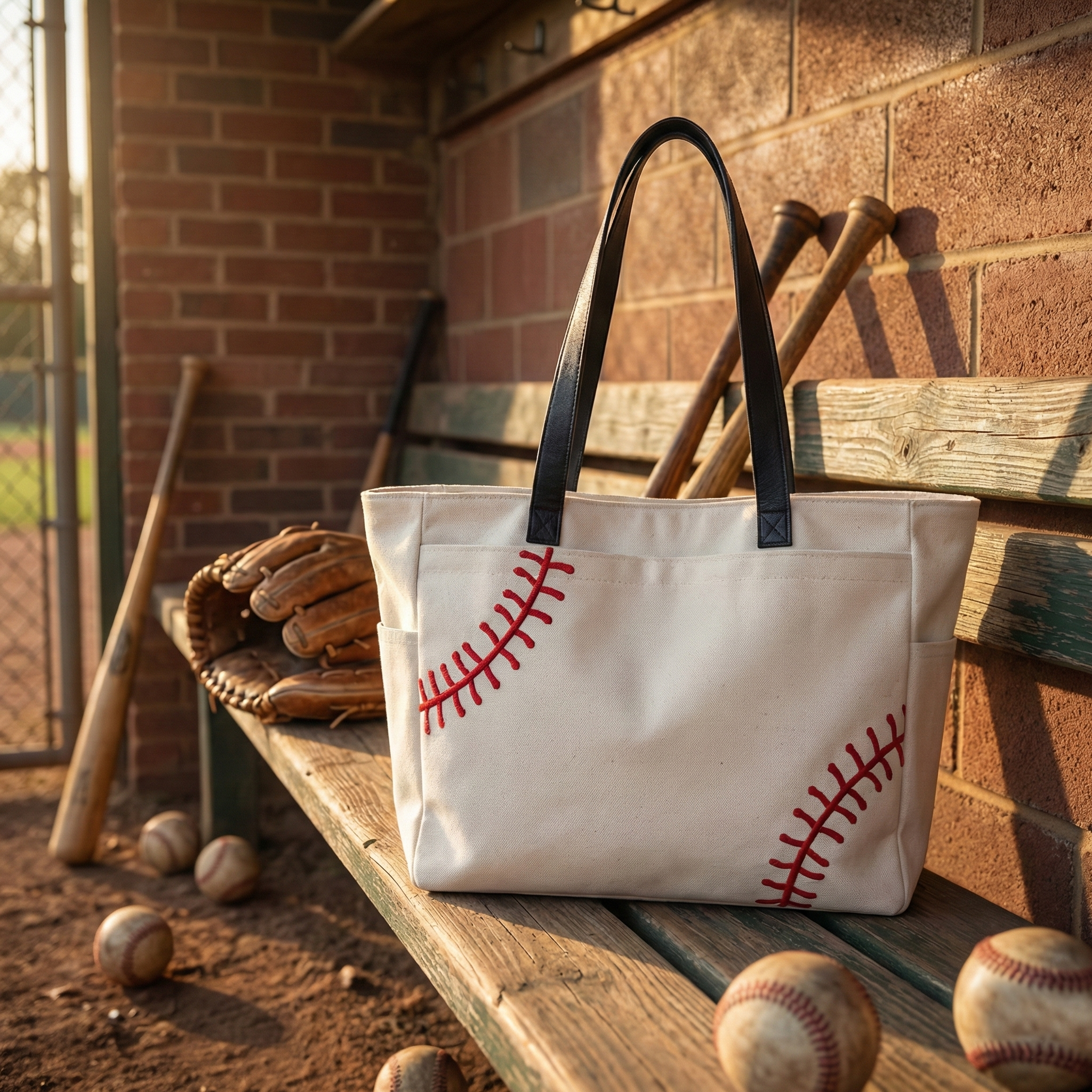 NGIL Large Baseball Canvas Tote Bag in a dugout. 
