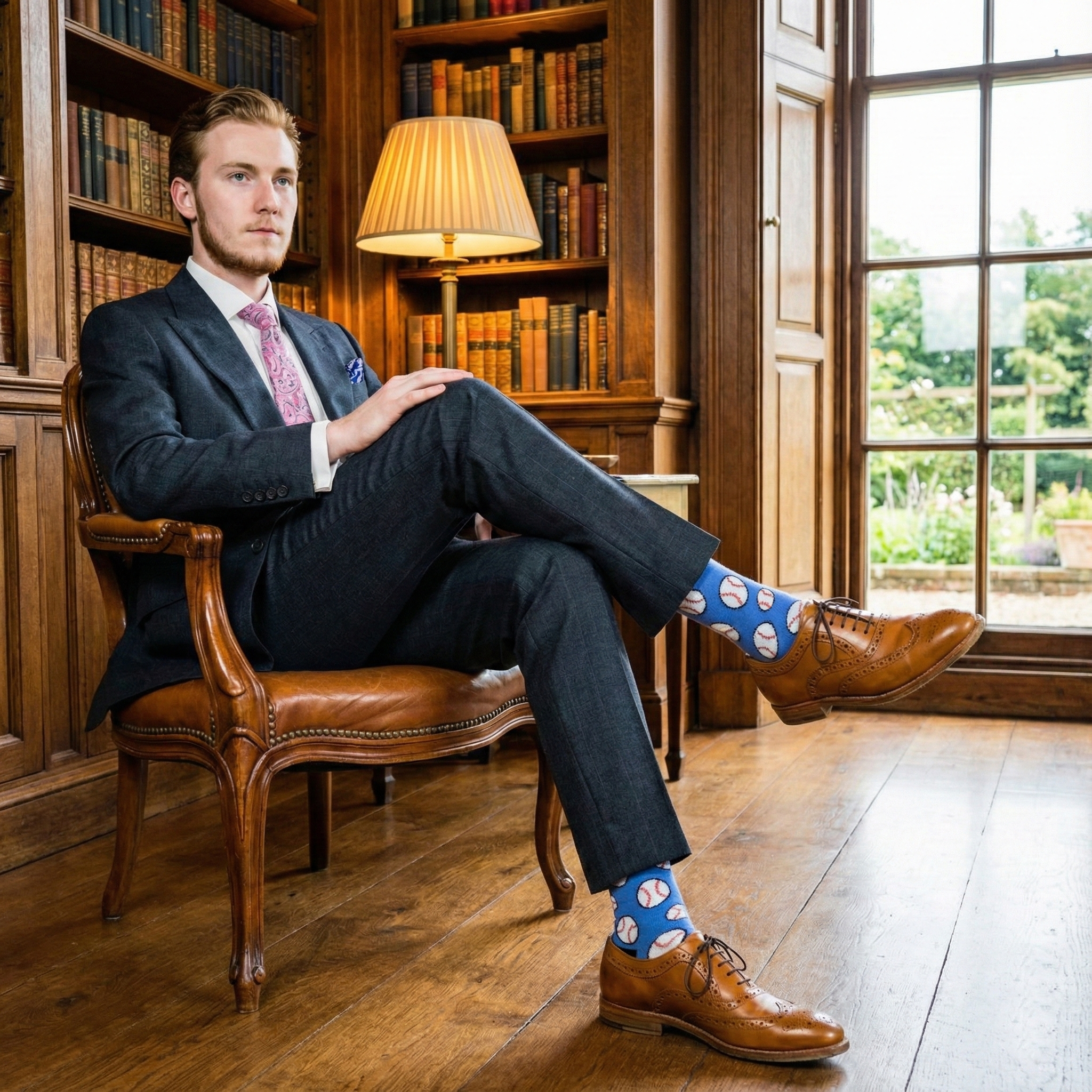 Man wearing baseball socks and a suit sitting in a chair with a bookshelf and window in the background