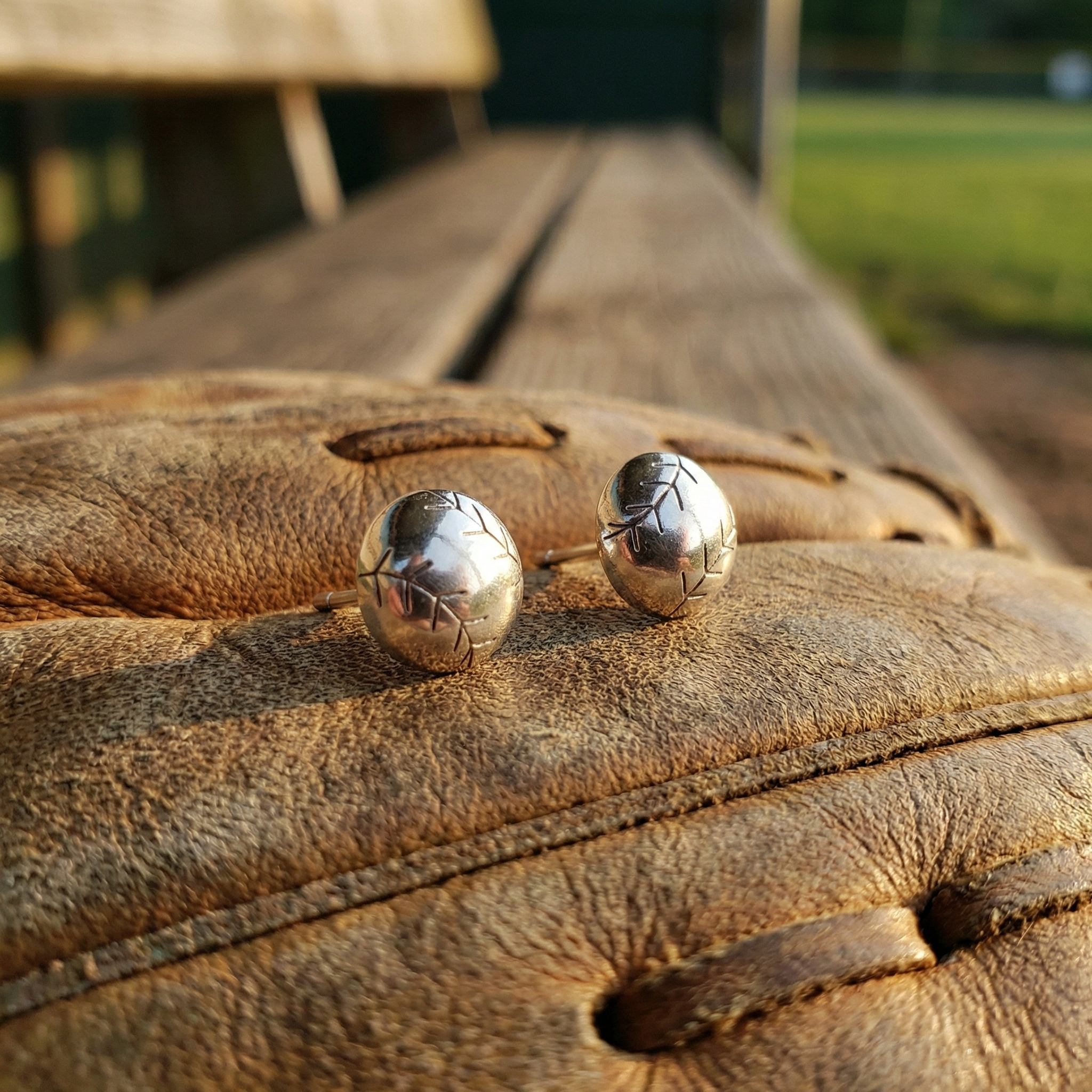 Sterling silver baseball post earrings on a leather baseball glove in a dugout