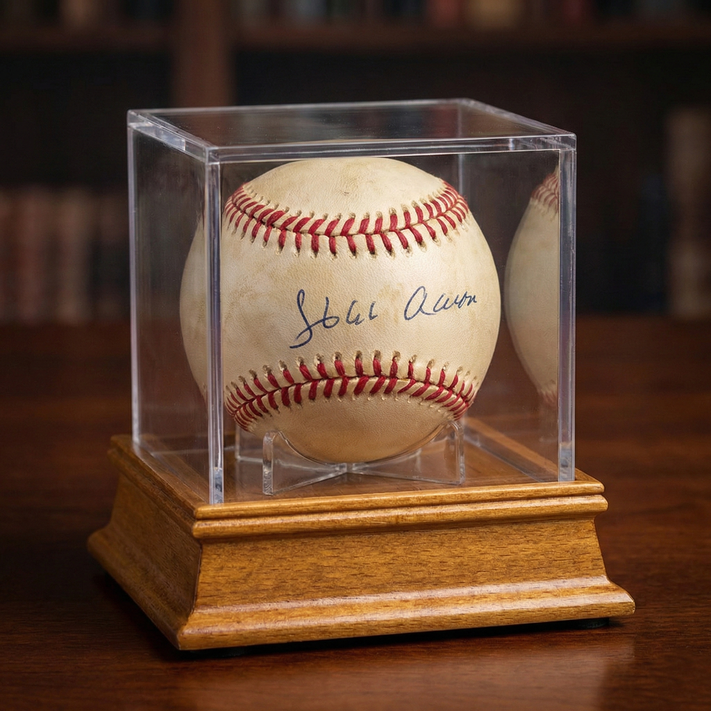 Hank Aaron signed baseball in a clear display case on an oak wood base