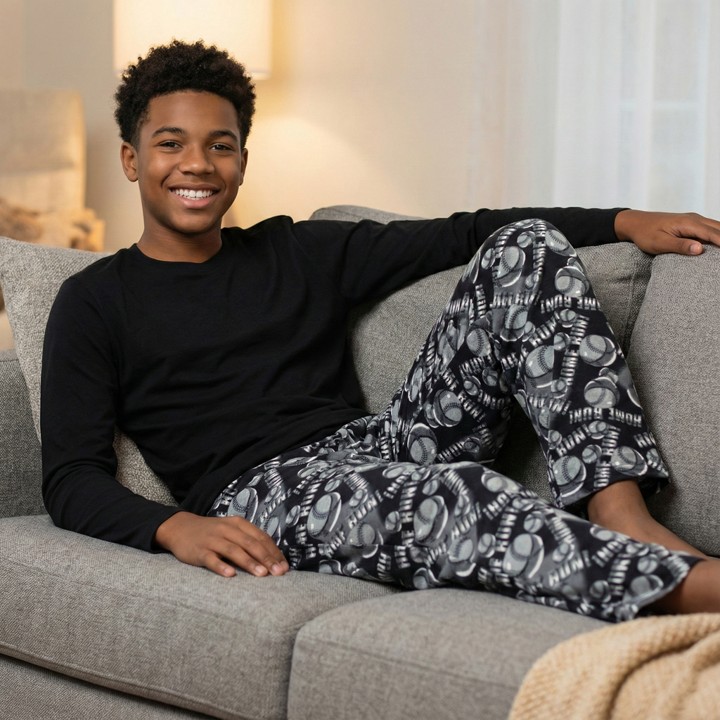 Person wearing patterned baseball pajama lounge pants sitting on a couch in a cozy living room.