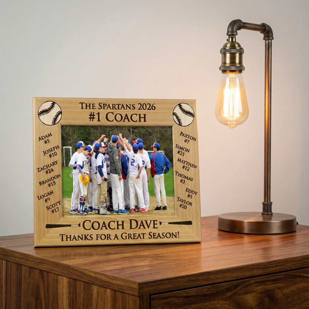 Wooden baseball coach photo frame with engraved text and a photo of a baseball team on a wooden desk with a lamp.