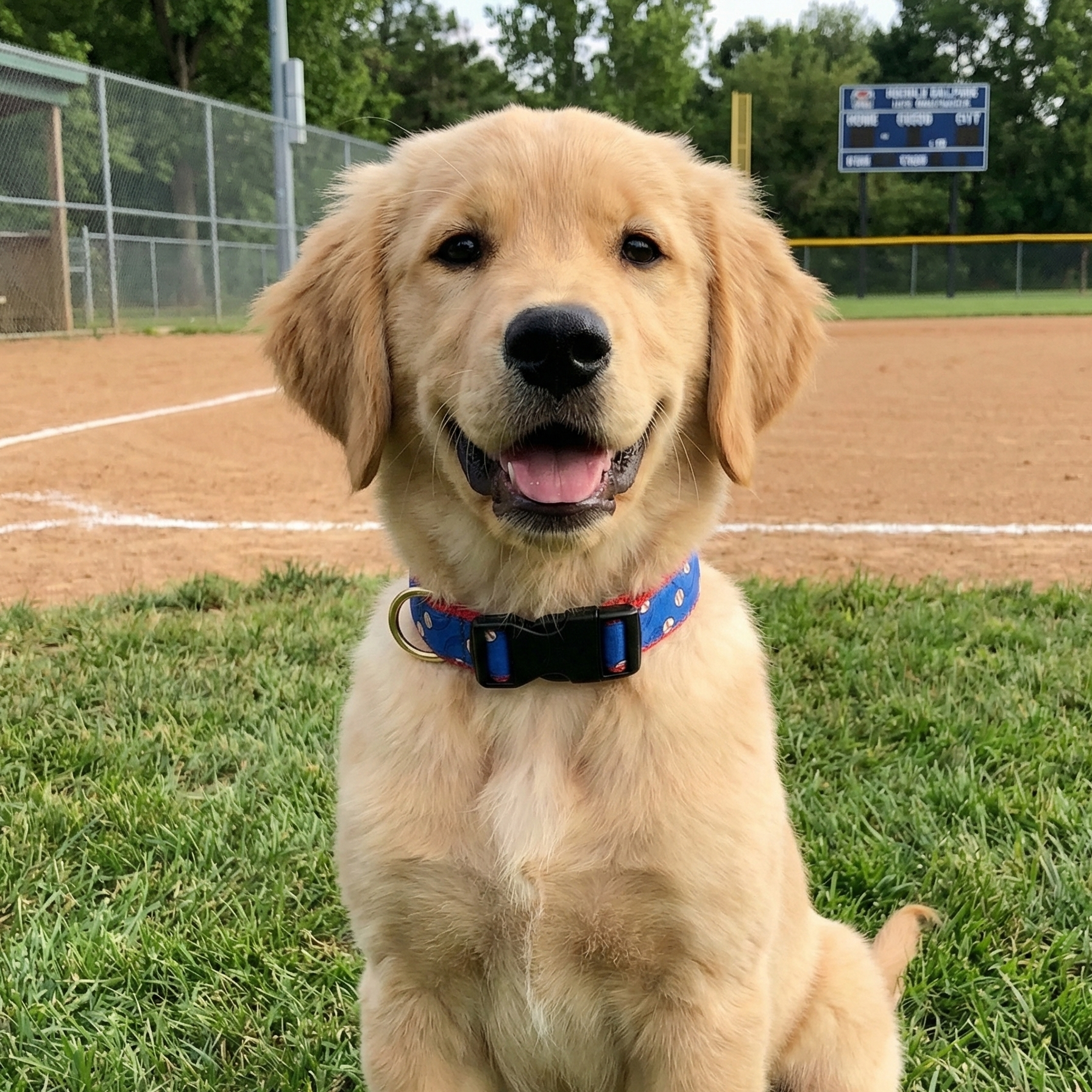 Golden retriever sitting on a baseball field with a blue baseball collar.