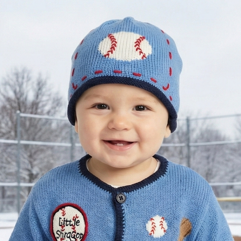 Child wearing a blue knitted hat and sweater with baseball designs outdoors in winter.