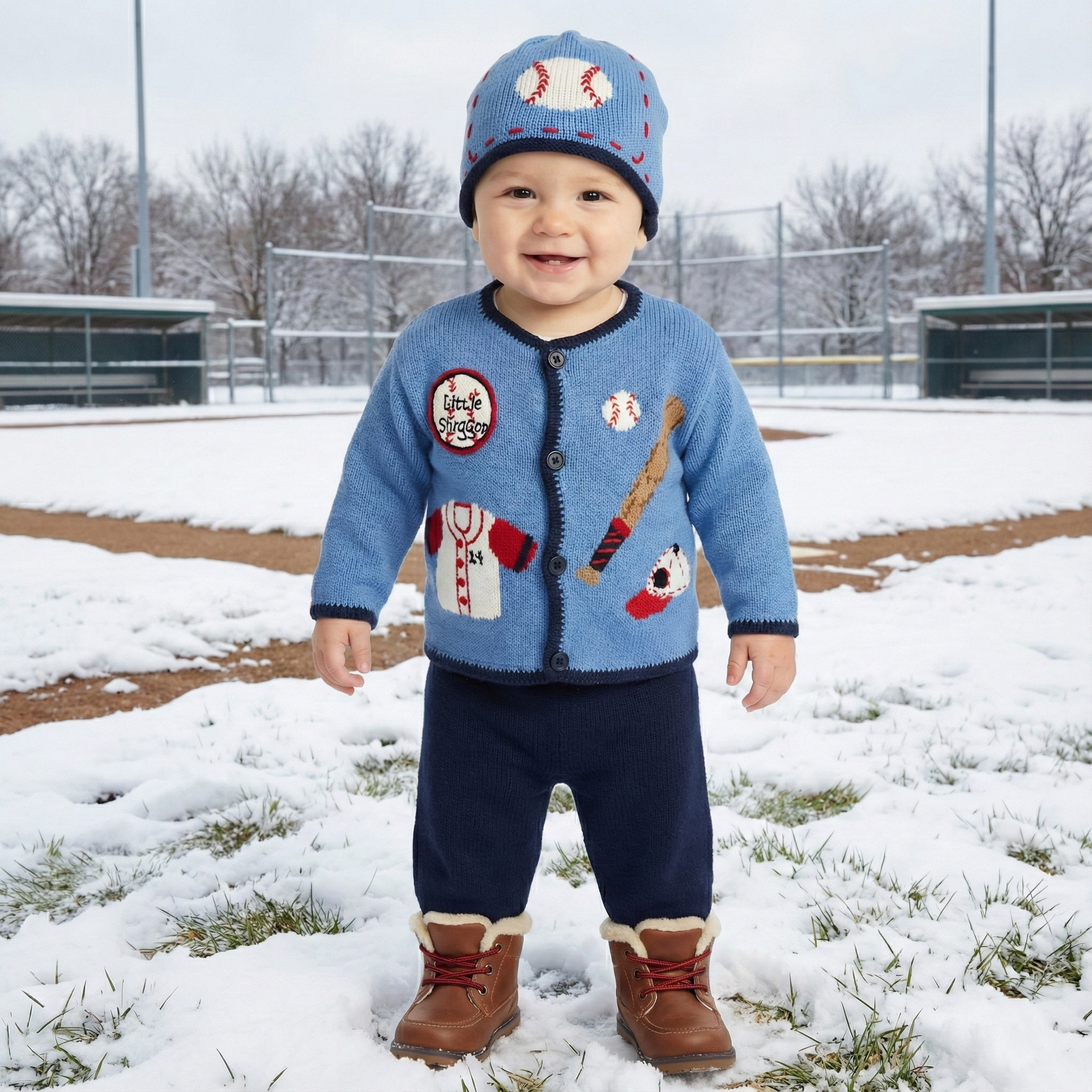 Child wearing a blue baseball sweater with patches and a matching hat, standing on a snowy field.