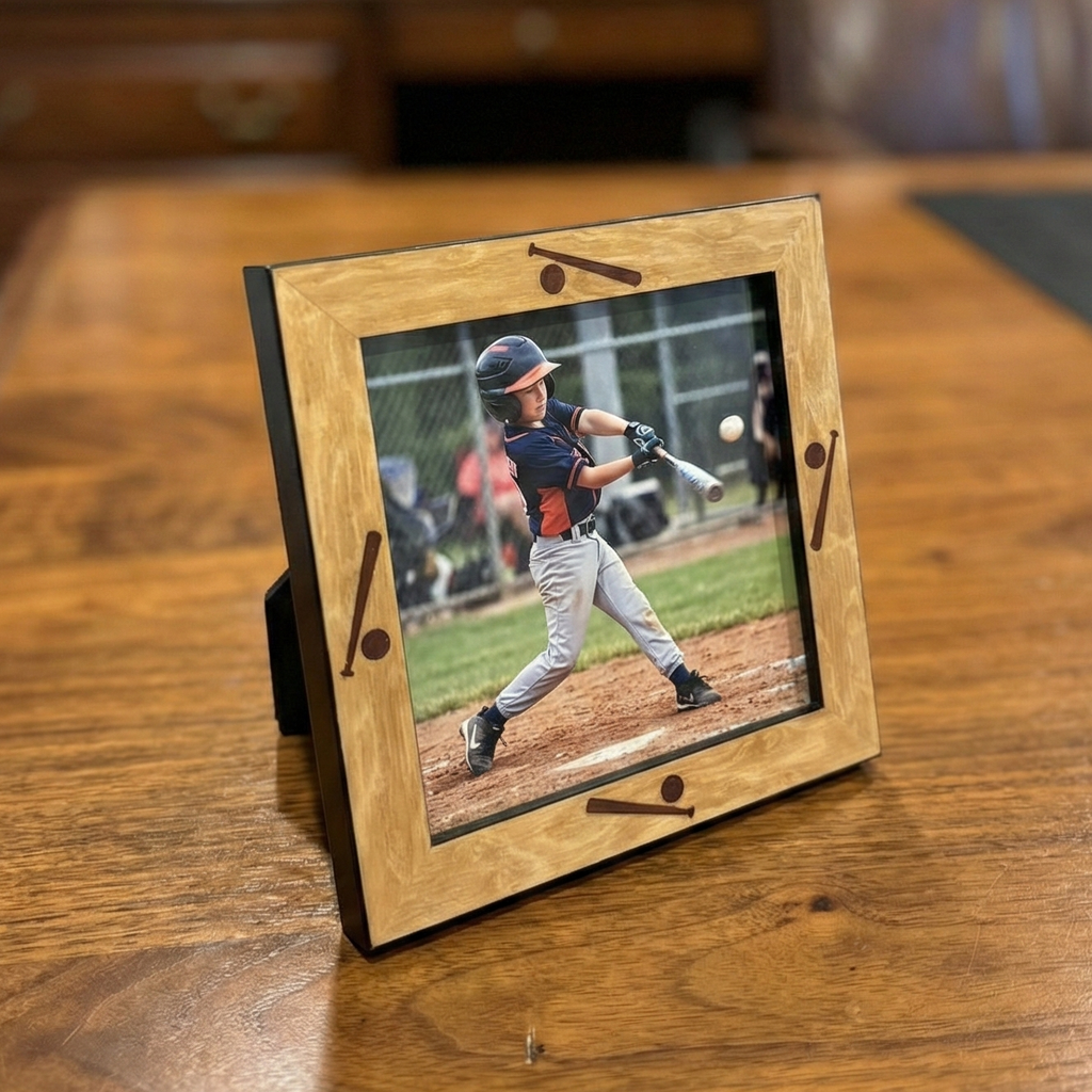 Wooden square picture frame with a photo of a baseball player on a wooden surface