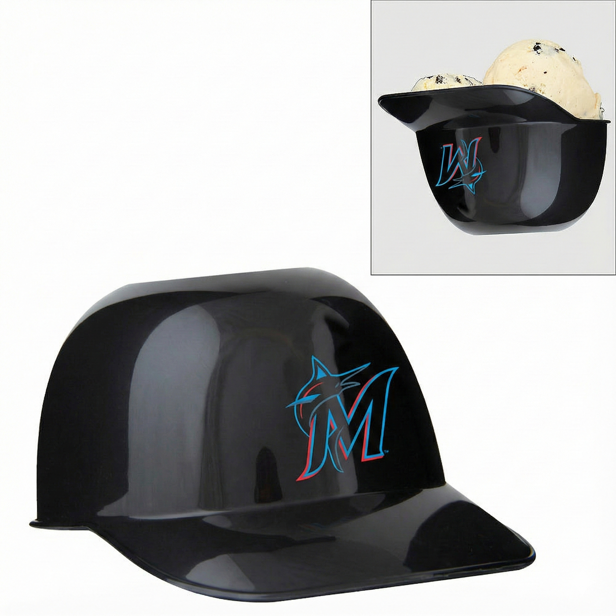 Black Miami Marlins ice cream helmet cup with a logo on a white background