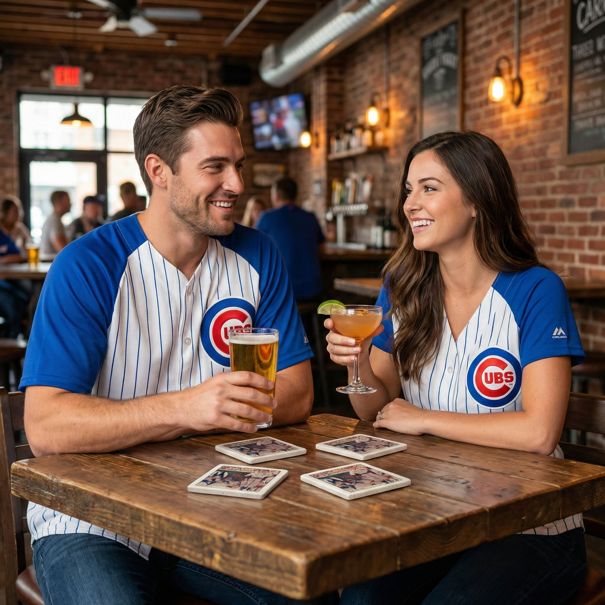 Two people in Cubs jerseys sitting at a table with Norman Rockwell baseball coasters in a bar.