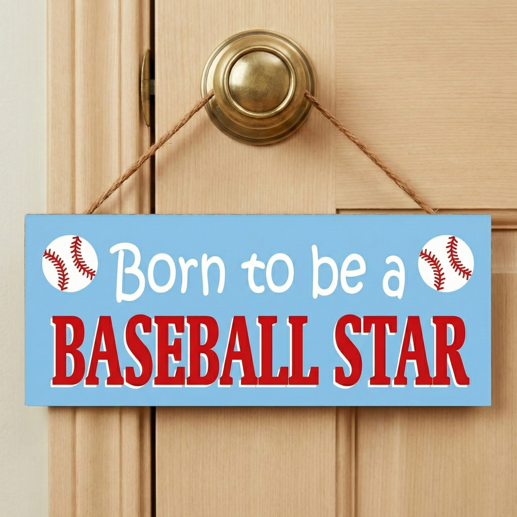 Decorative sign with 'Born to be a BASEBALL STAR' text on a blue background, hanging on a door.