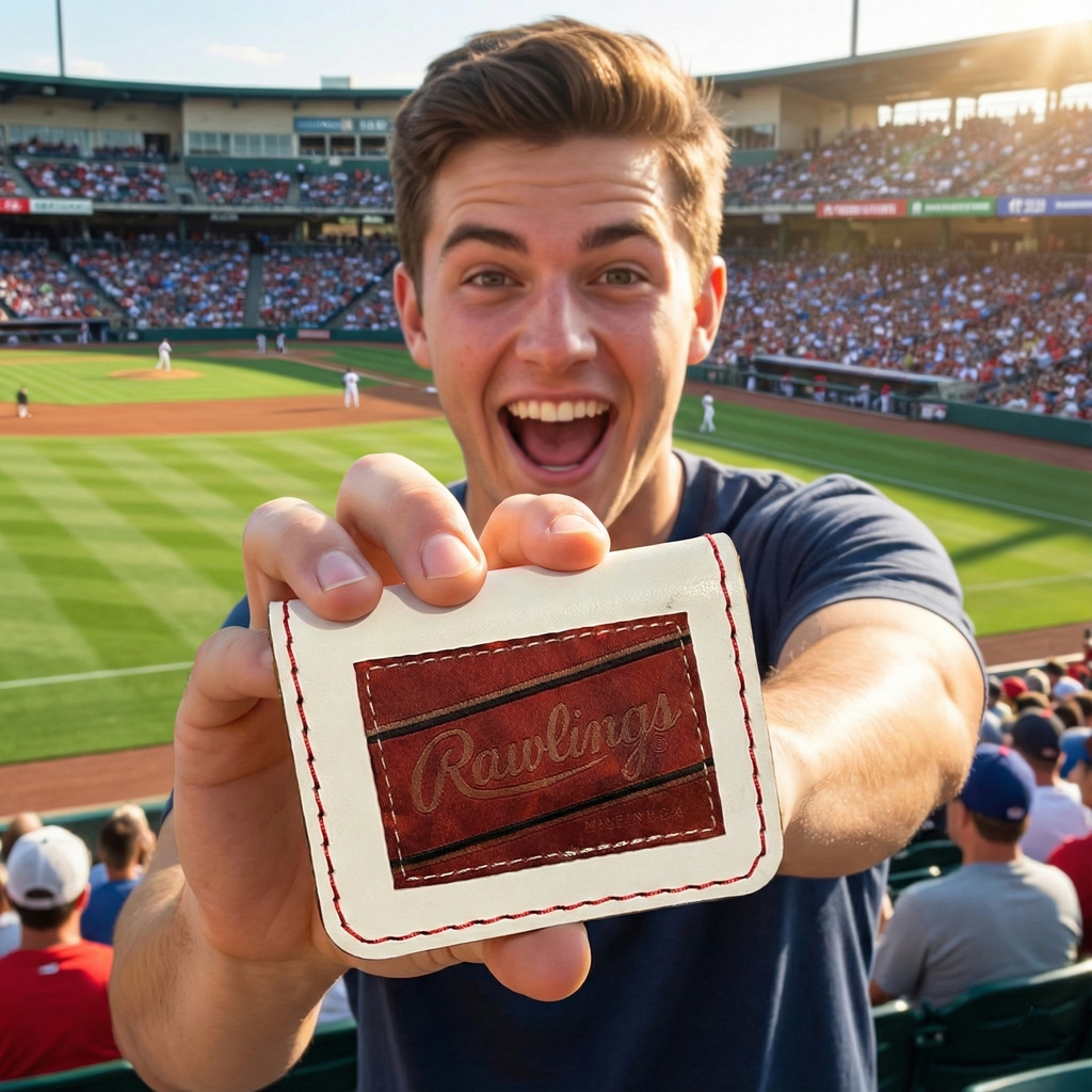 Man holding a Rawlings white leather baseball wallet at a stadium