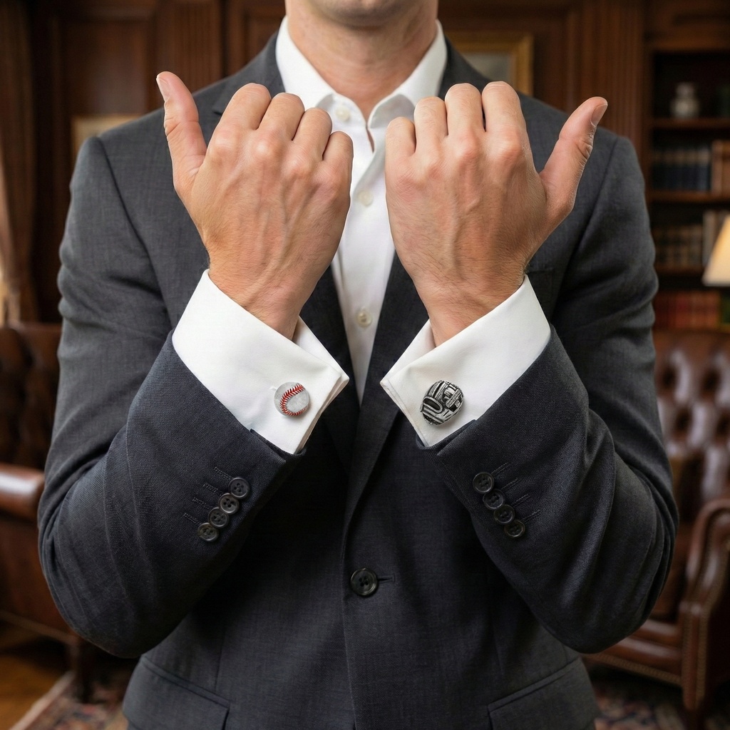 Baseball & Fielder's Glove 3D Antique Silver Cufflinks on a guy in a suit in a nice office.