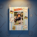 Baseball-themed decoupage picture frame with a photo of a child playing baseball on a blue background with sports equipment.