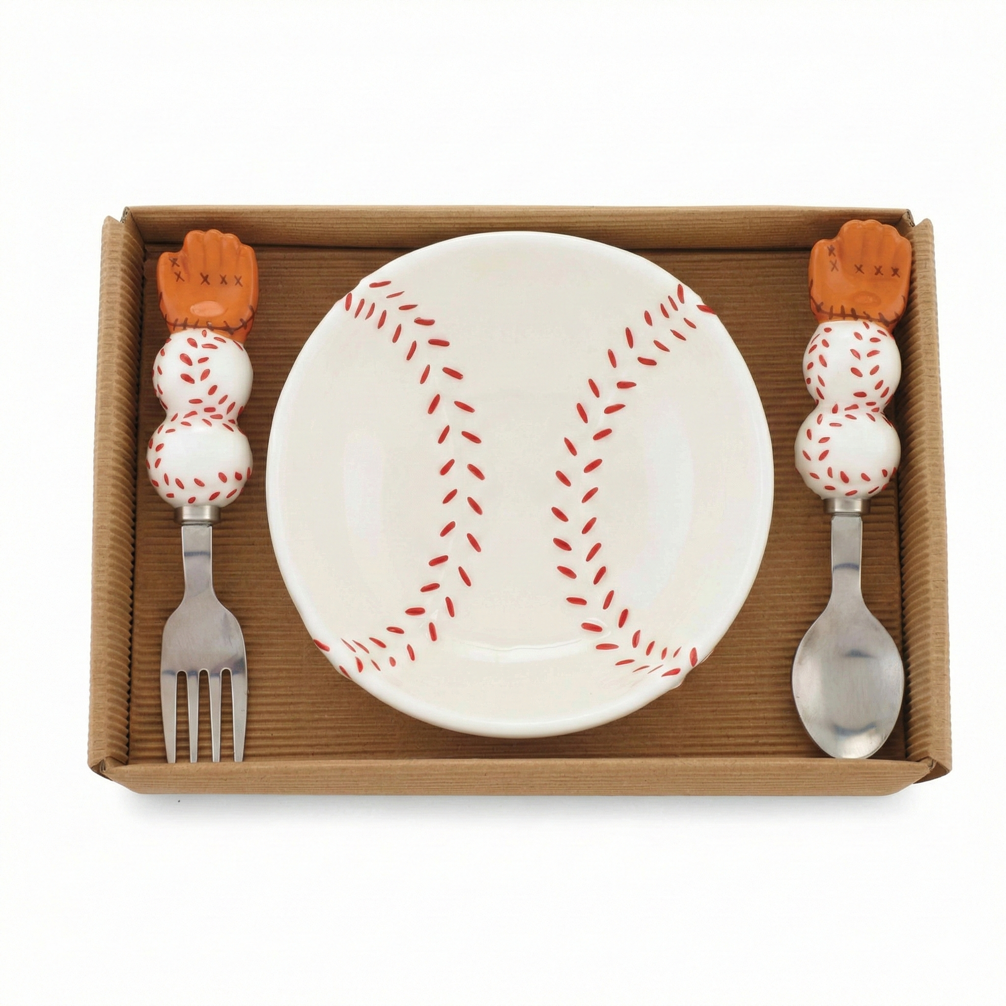 ceramic baseball feeding set of bowl, fork and spoon on white background.