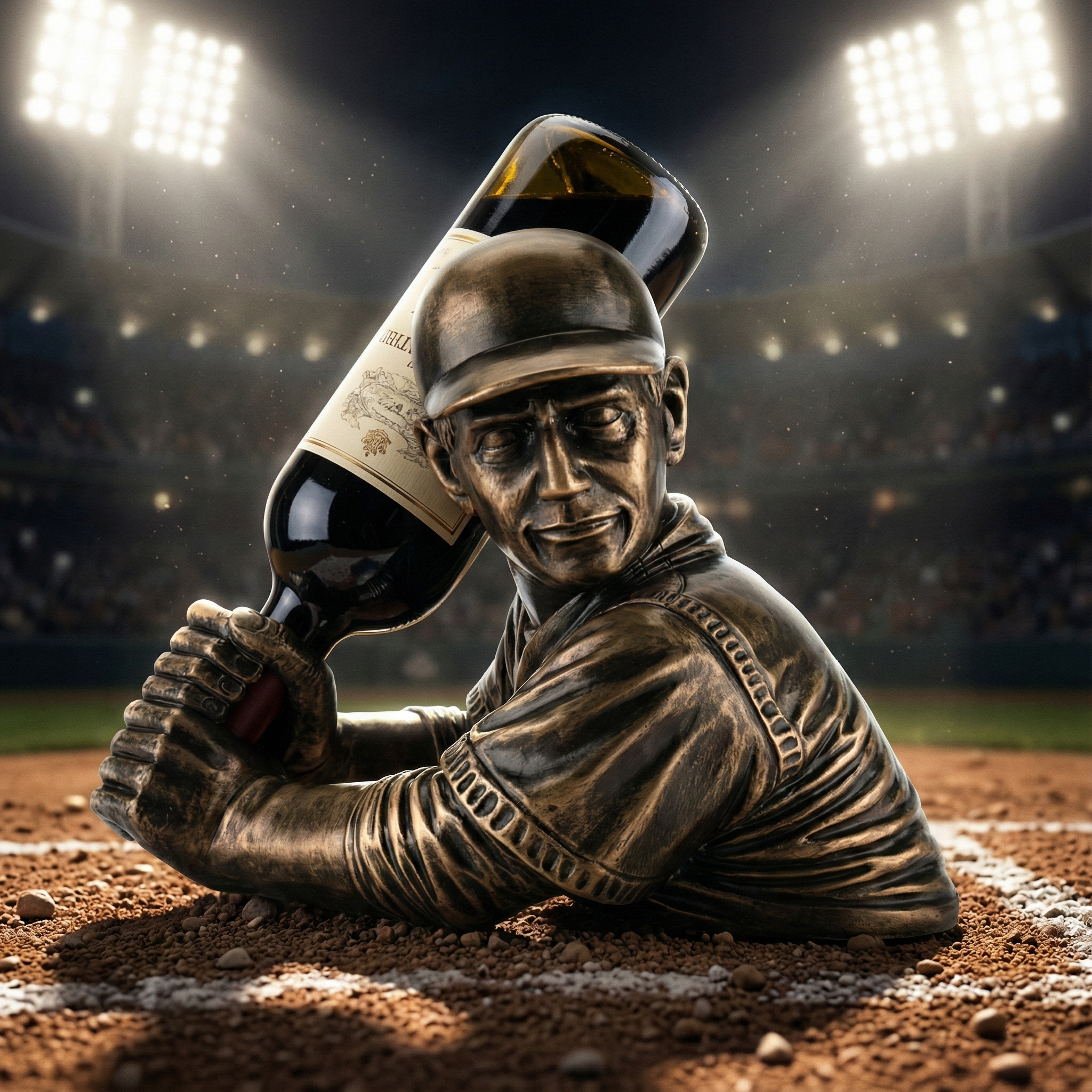 Bronze statue of a baseball player holding a bottle of wine on a baseball field with stadium lights in the background.