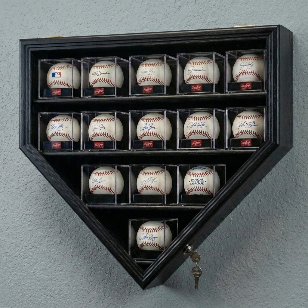 Black home plate-shaped baseball display case with signed baseballs on a gray wall